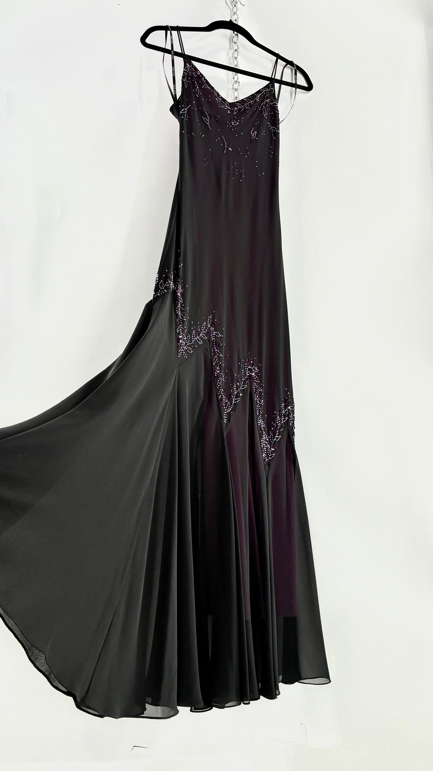 Vintage XSCAPE Full Length Black Beaded Gown with Purple Underlay (4)
