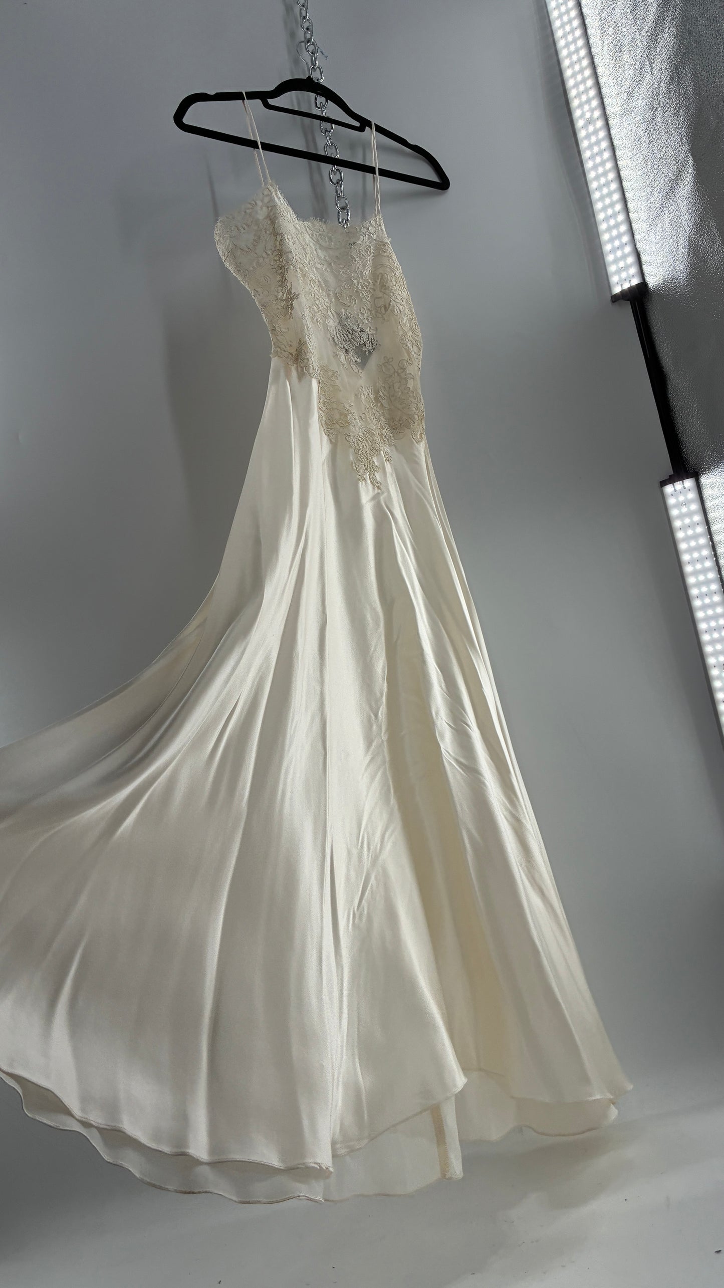 Vintage JONQUIL 100% Silk Gown with Heavy Lace Appliqués and Low Cut Sheer Back (Medium)