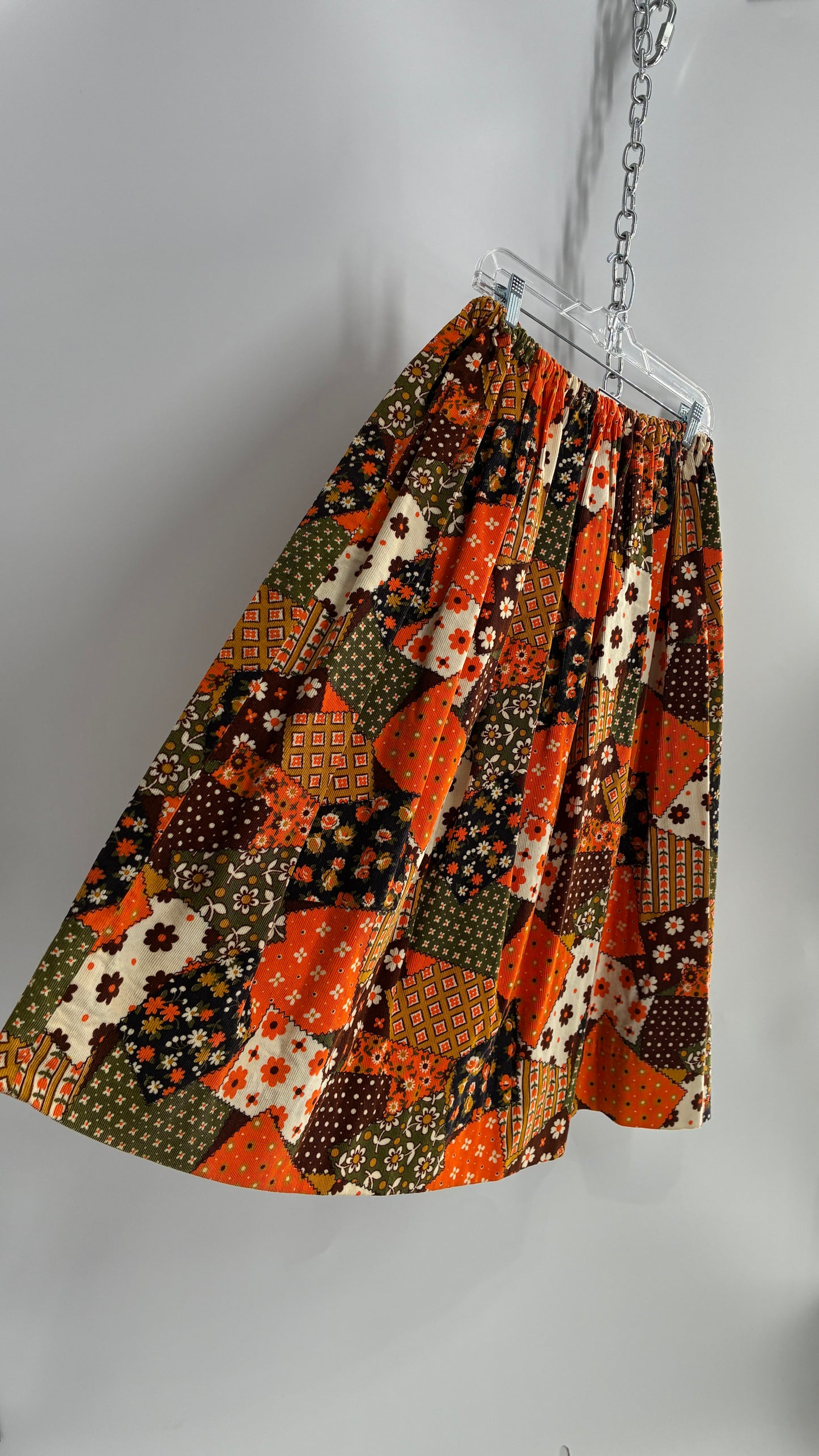 Vintage 1970s Handmade Corduroy Patchwork Patterned Full Skirt (S/M)