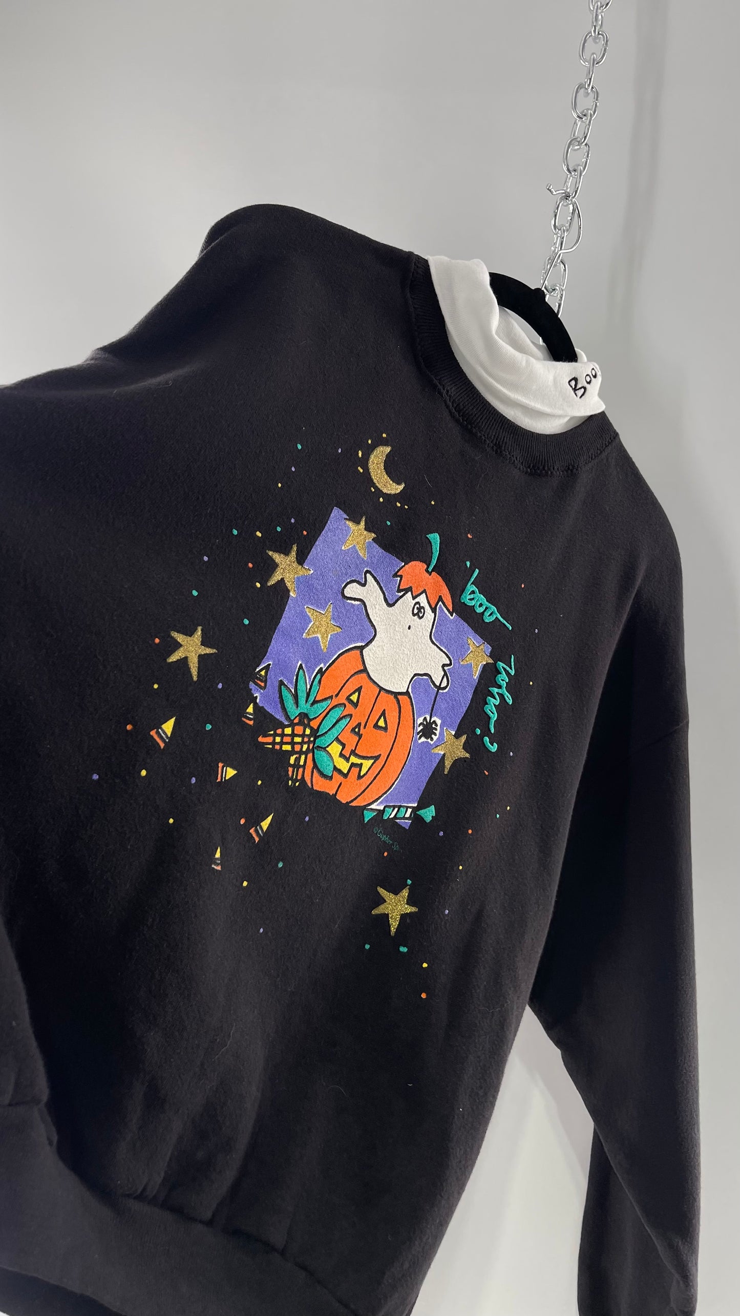 Vintage Black Halloween Graphic Crewneck with White Turtleneck Detail and Boo Embroidery (Large)