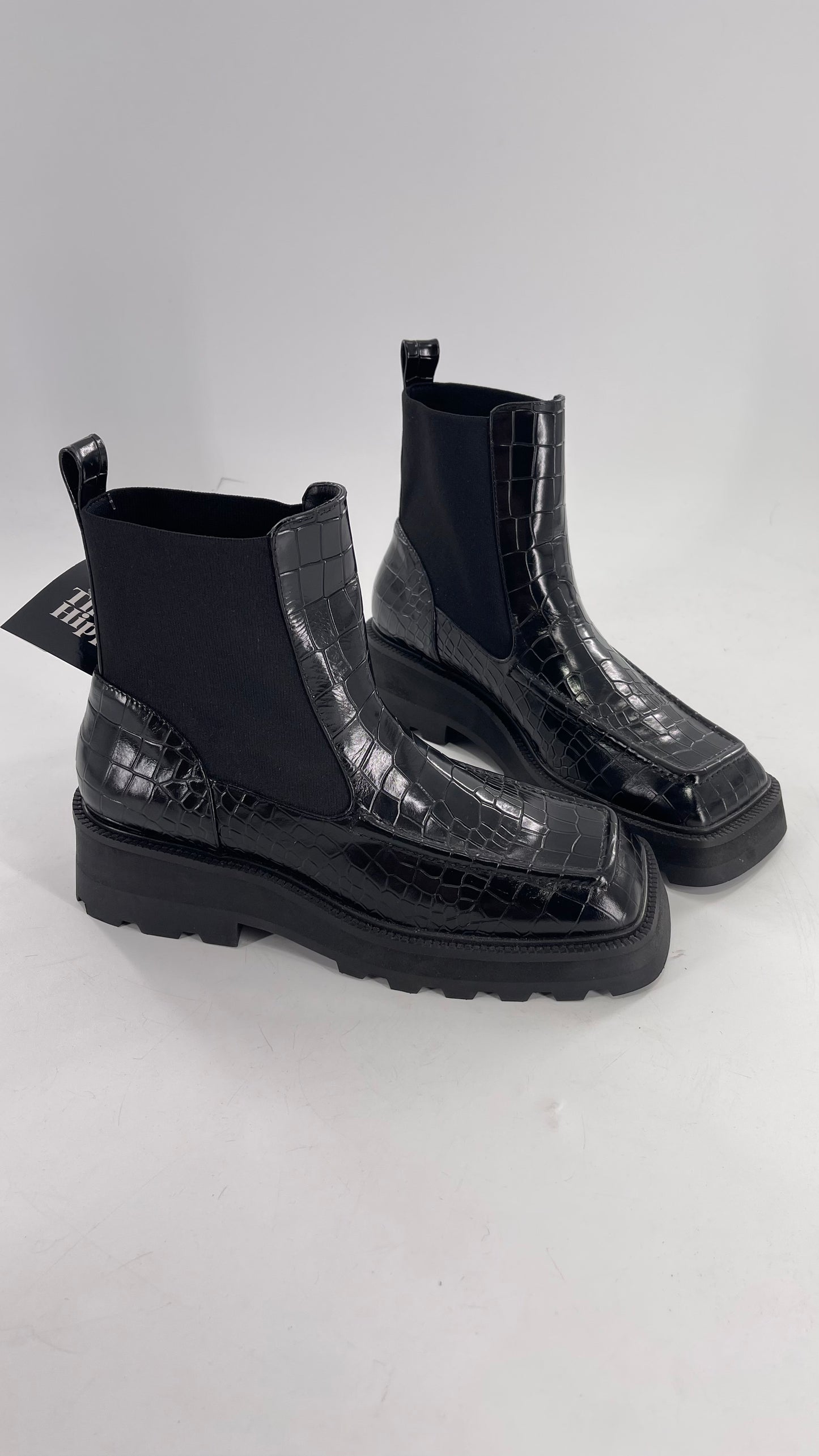 INTENTIONALLY Black Patent Crocodile Embossed Extreme Square Toe Boots (10)