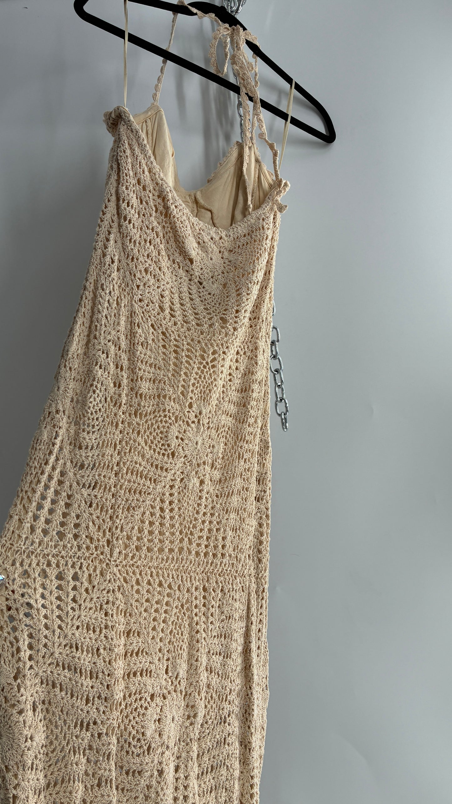 Free People Beige Crochet Knit Máxi Dress (Large)