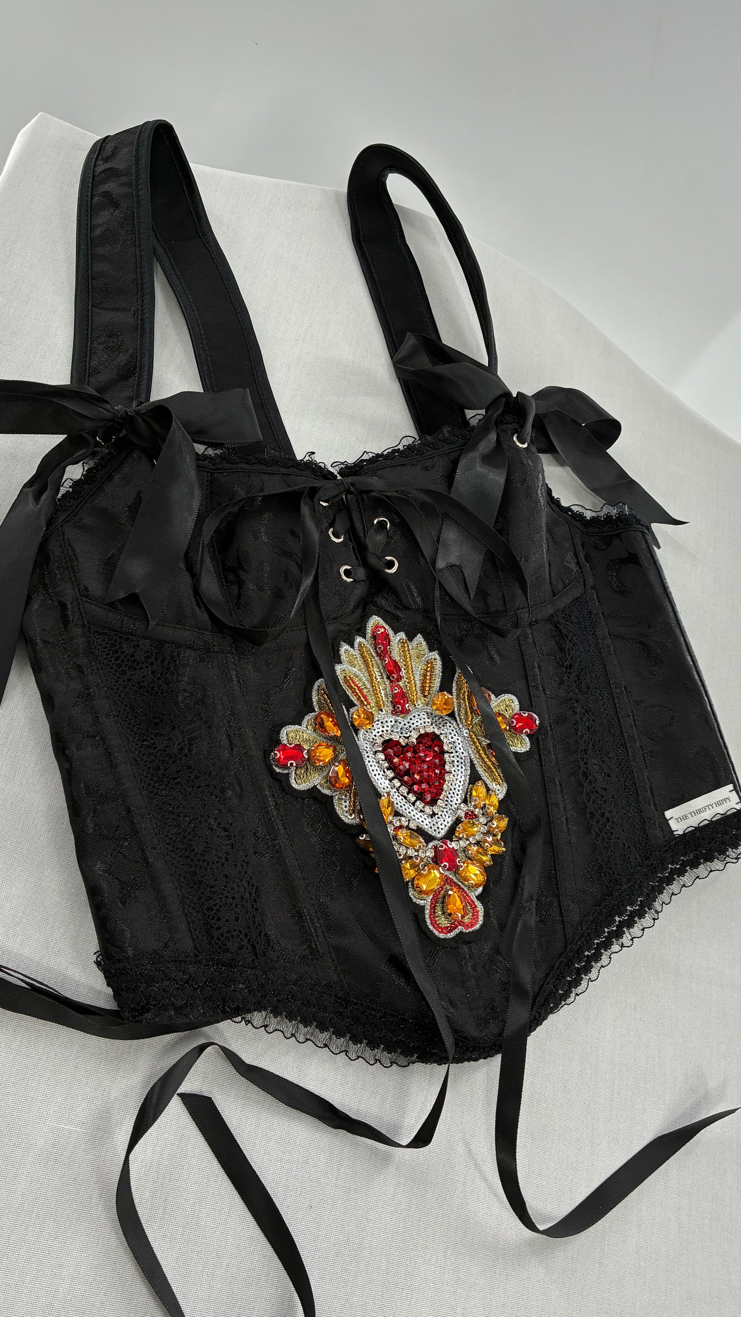 Custom Black Jacquard Corset, Handmade with Heart Appliqué, Bows, Embroidery, Gemstones, Lace and Ruffles (S/M)