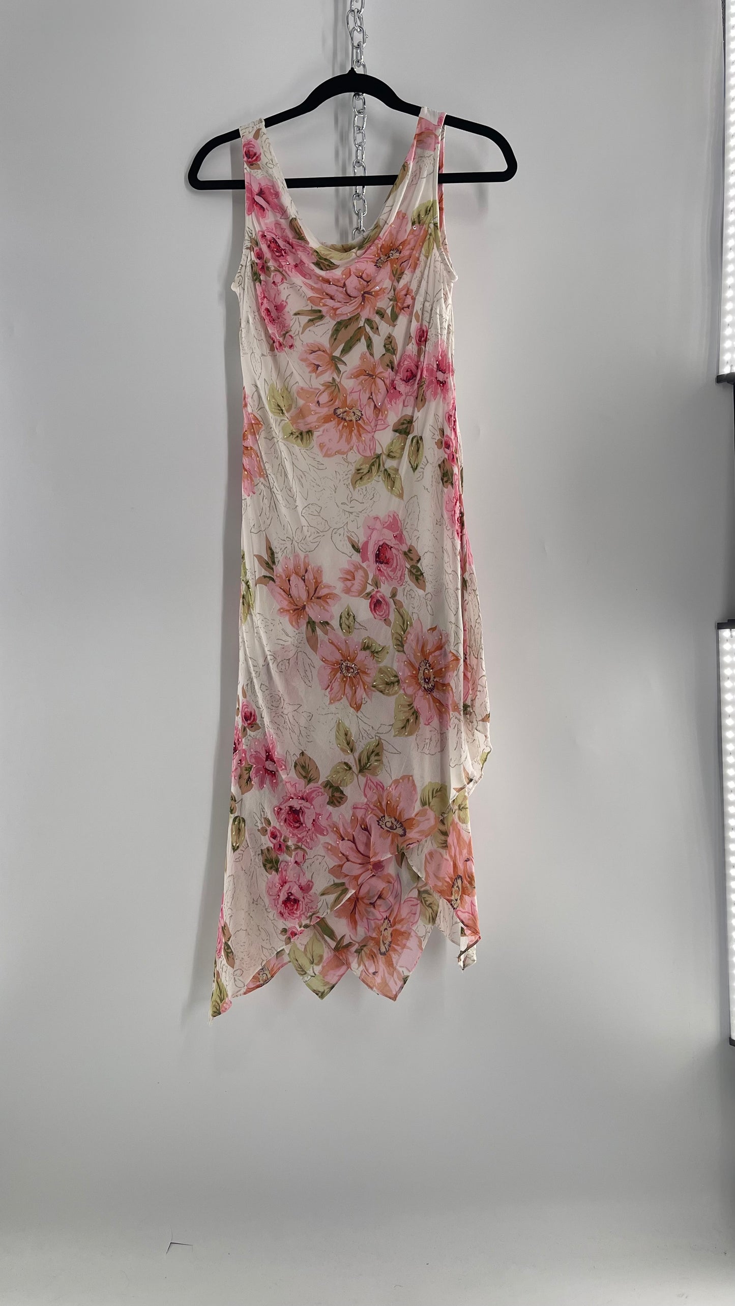 Vintage Eva Blue Pink Floral Draped Neck Sleeveless MIDI with Beading (10)