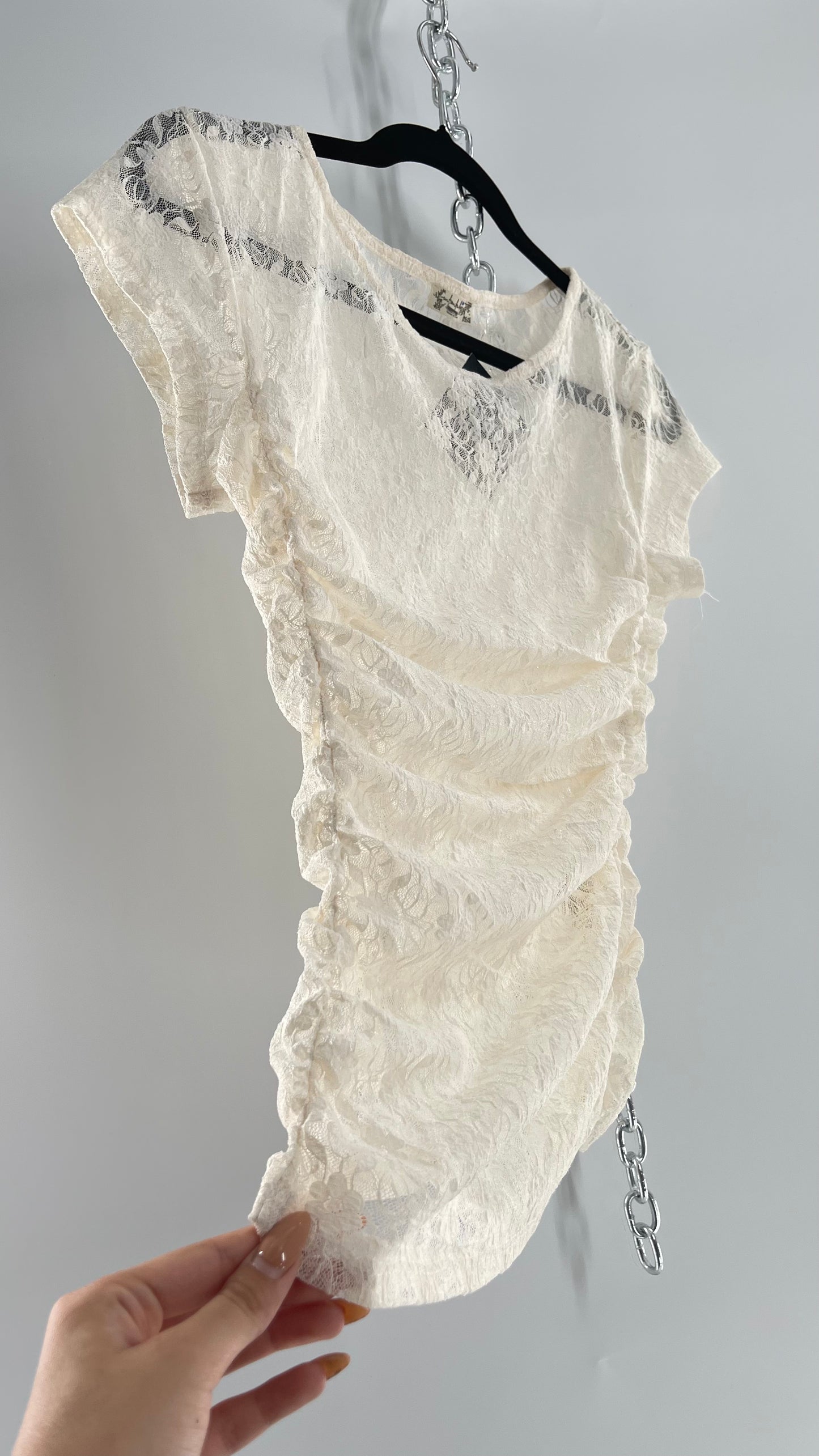 Free People Ivory Lace Ruched T Shirt (Small)