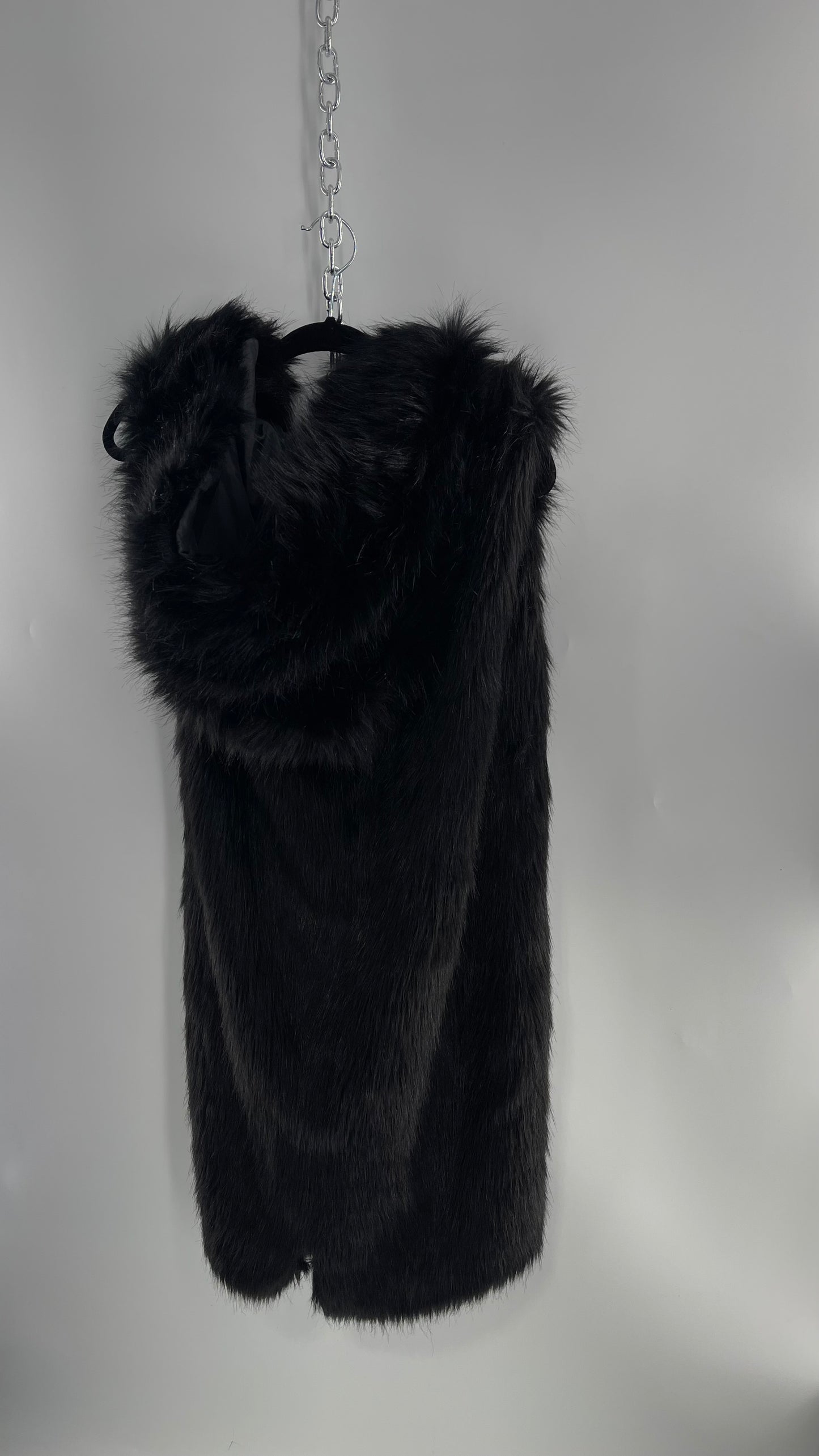 Full Length Black Fuzzy Sleeveless Vest with Oversized Hood (Medium)