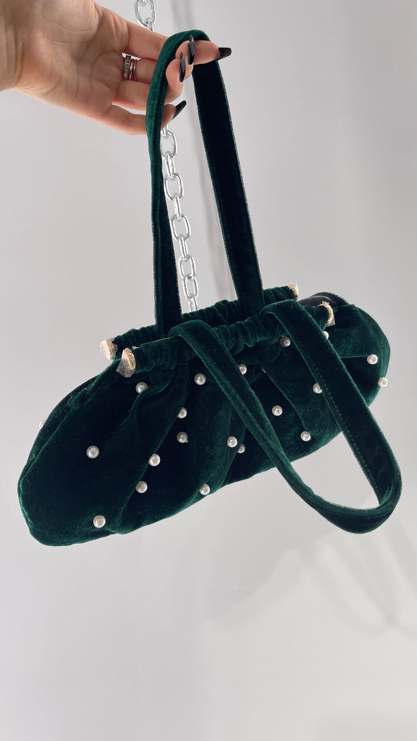 Vintage Deep Green Velvet Purse Covered in Pearls, and Featuring Gold Metal Closure Still Lined in Protective Plastic