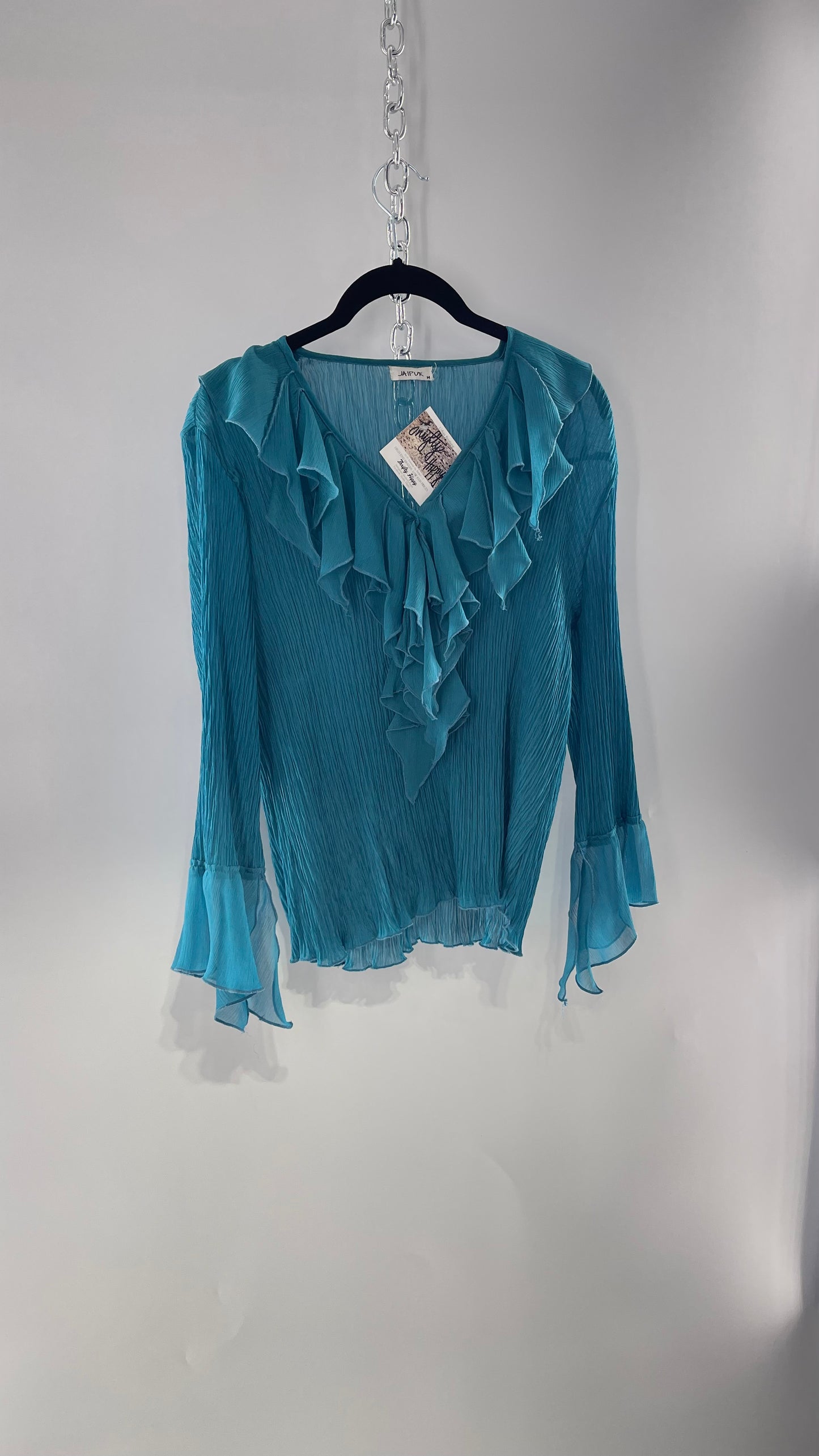 Vintage Jaipur Blue Crimped Blouse with Sheer Handkerchief Cuffs and Ruffled Neckline (Medium)