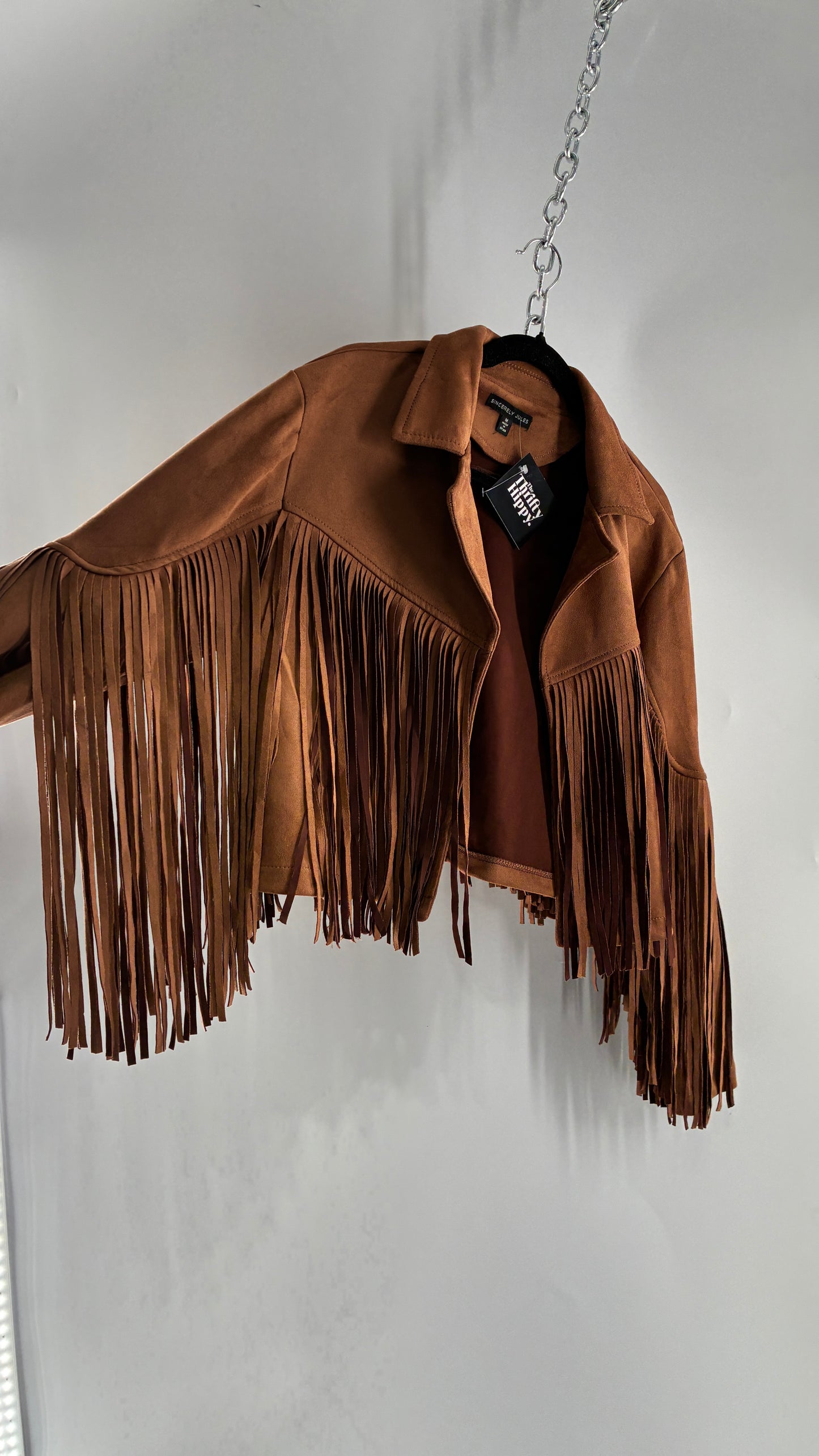 SINCERELY JULES Brown Vegan Suede Cropped Fringe Jacket (Medium)
