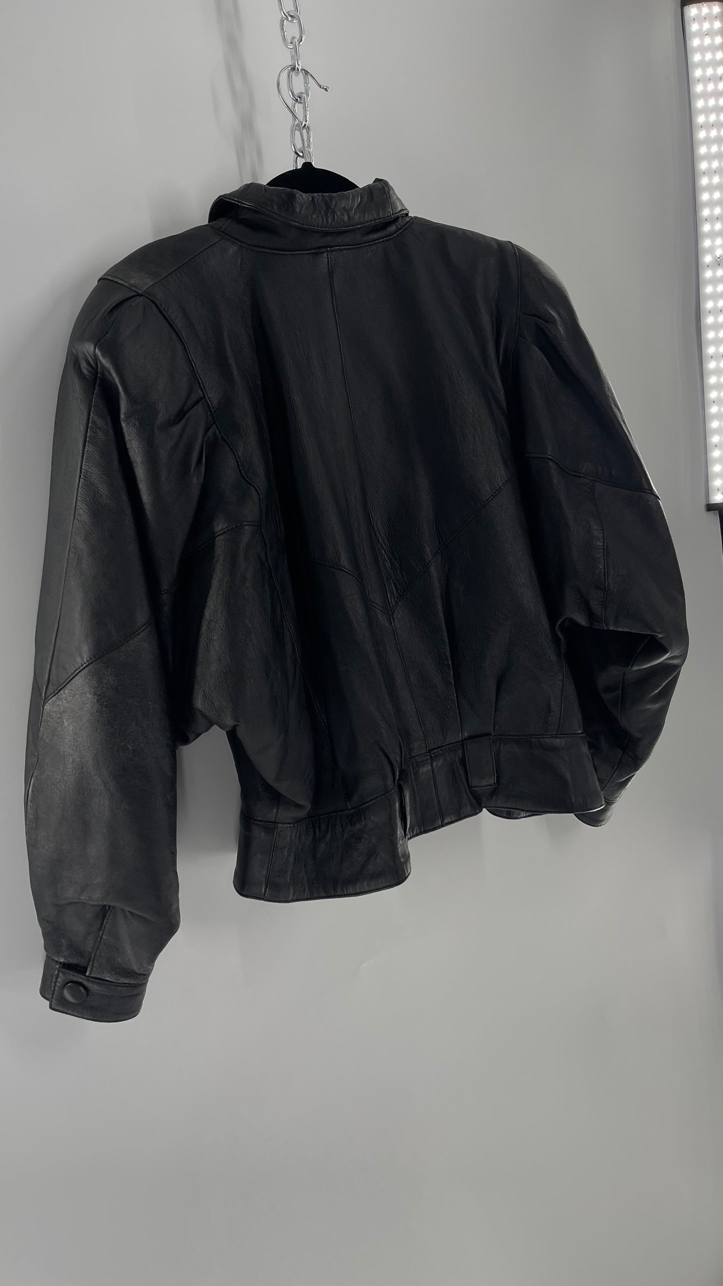 Vintage Black Leather Cropped Motorcycle Jacket (Medium)