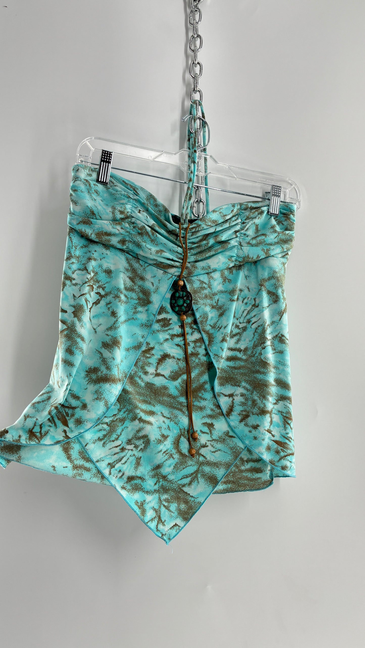 Vintage VENUS Turquoise Handkerchief Hem, Vented Tube Top with Stone Buckle and Choker Detail (M)