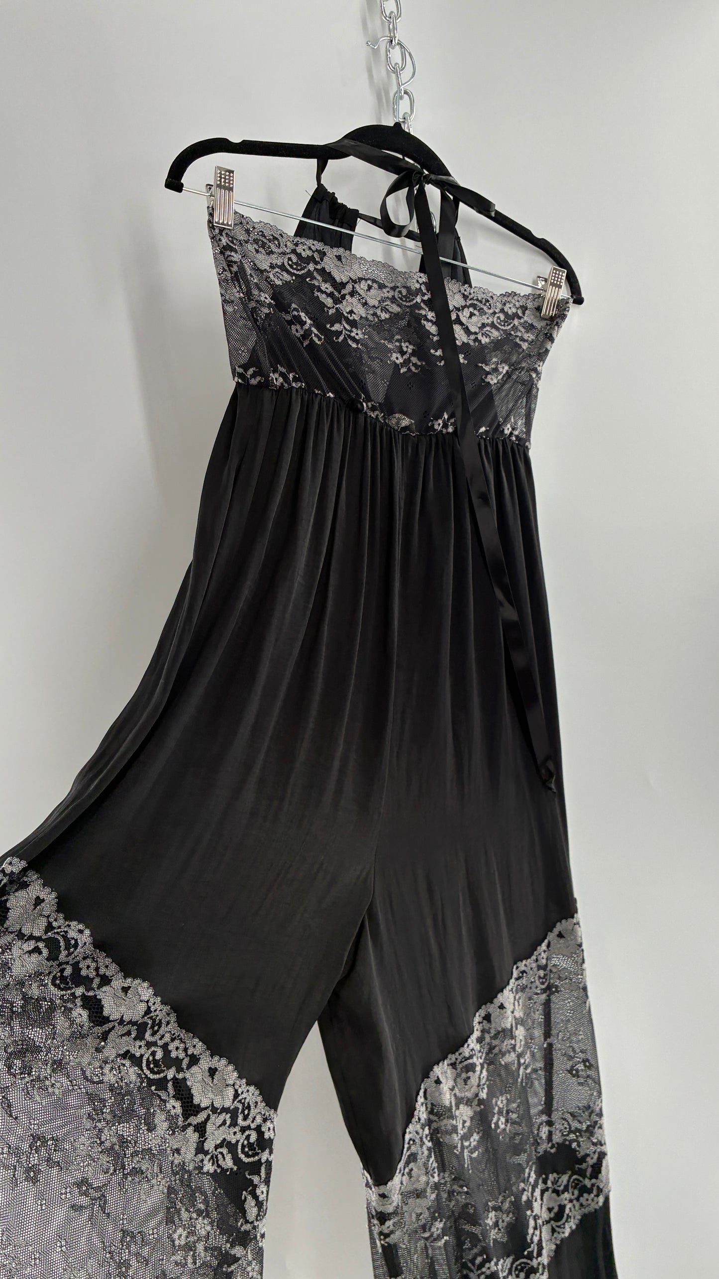 Free People Silky Black Jumpsuit with Grey Lace Paneling and Bandeau (S)