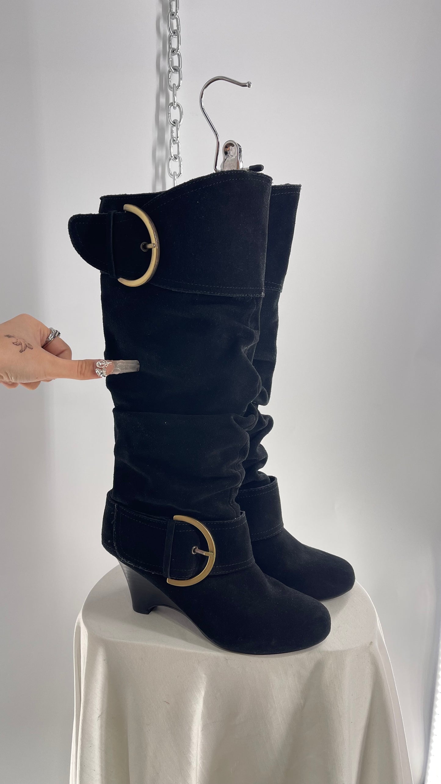 Naughty Monkey Black Suede Wedge Boot with Gold Buckle (7)