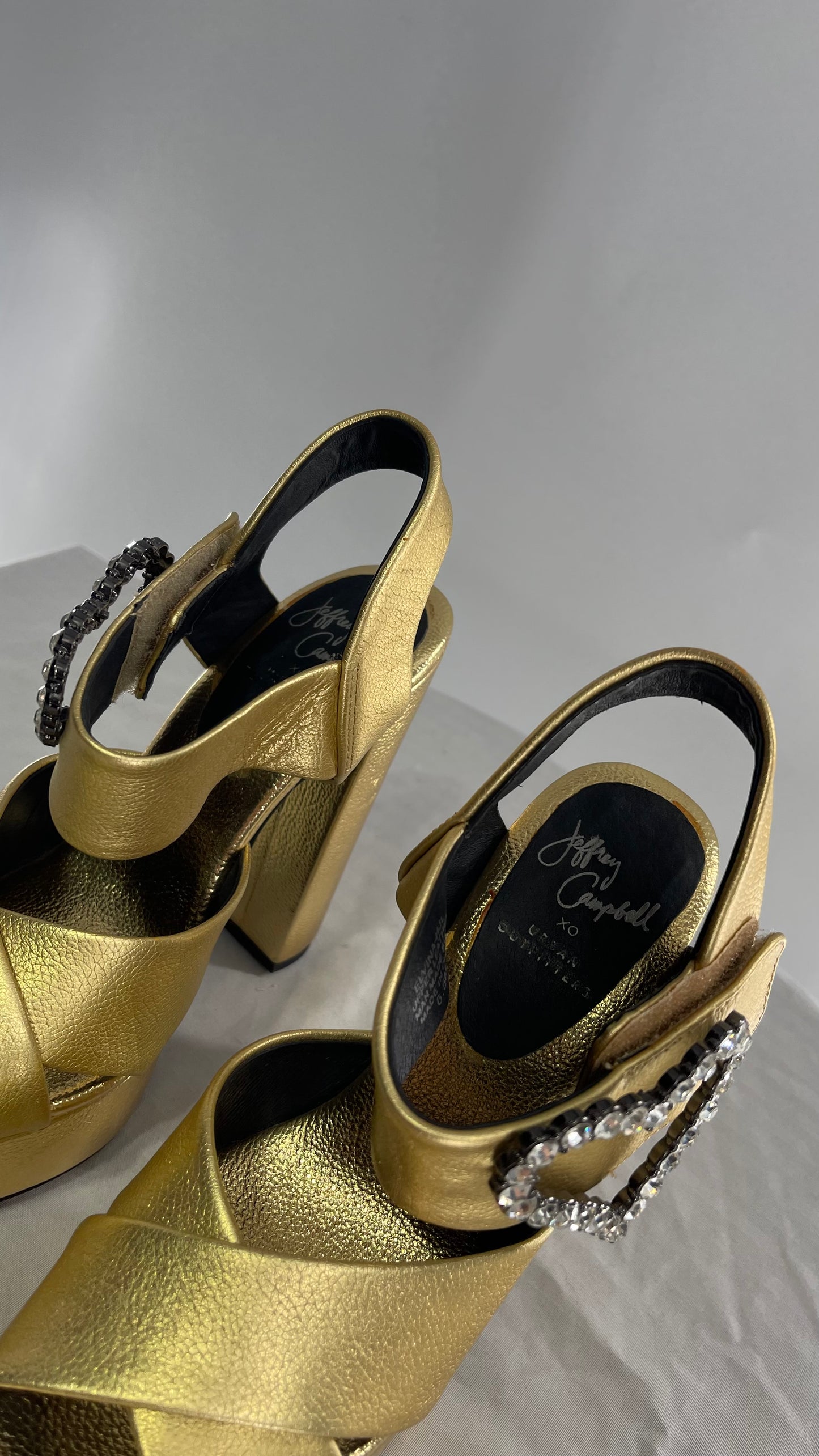 Jeffrey Campbell Metallic Gold Chunky Gold Platform Heel with Rhinestone Heart Buckles (6.5)