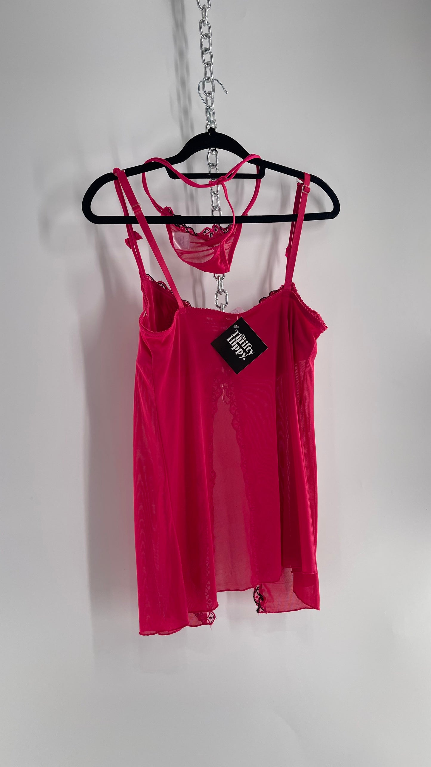 Vintage HOT Hot Pink Vented Babydoll Top and Thong Set with Black Embroidery and Bows (Medium)