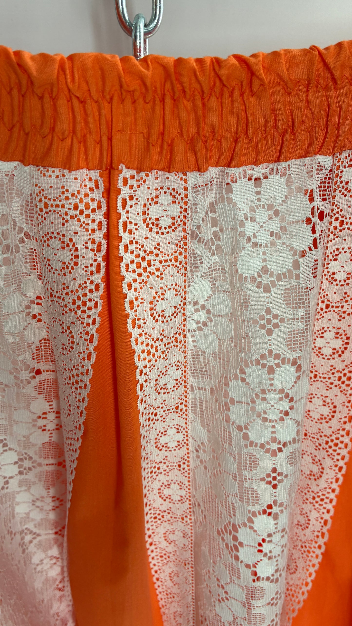 Vintage 1970s Handmade Sheer Lace Paneled Orange Mini Skirt (XL)