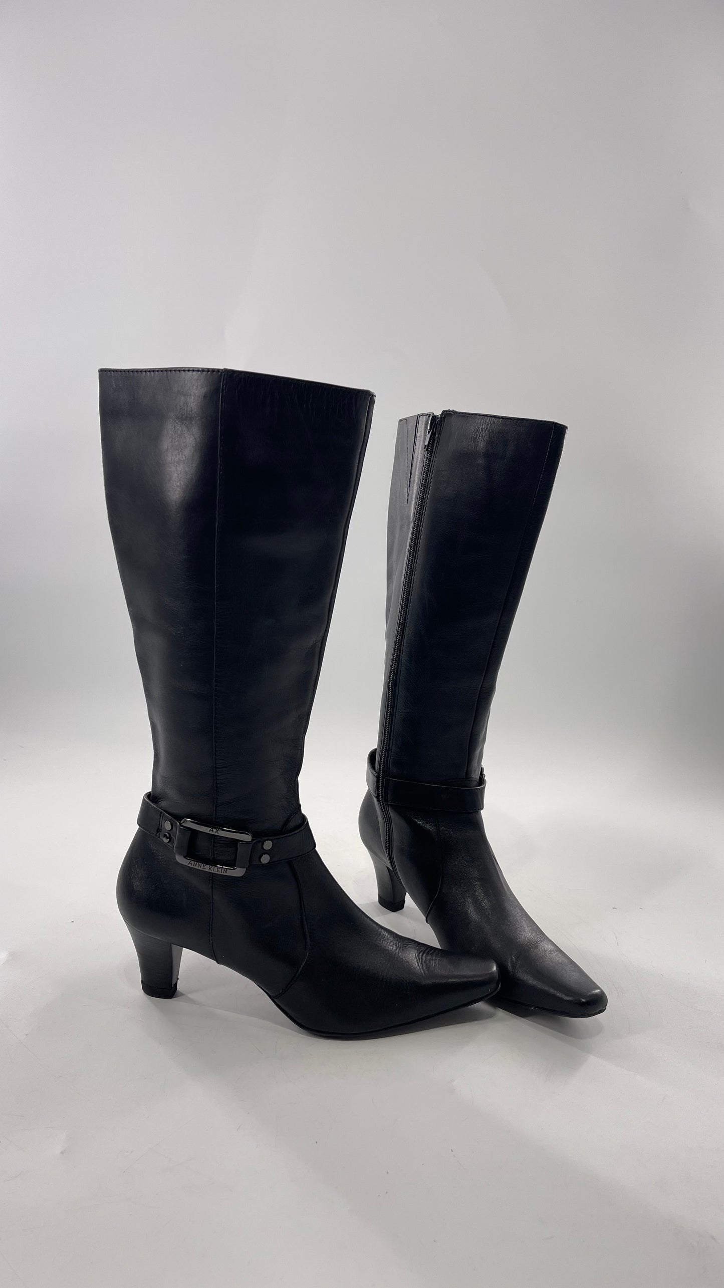 Vintage Black Anne Klein Leather Knee High Boots with Pointed Toe and Ankle Metal Buckle Detail (8)