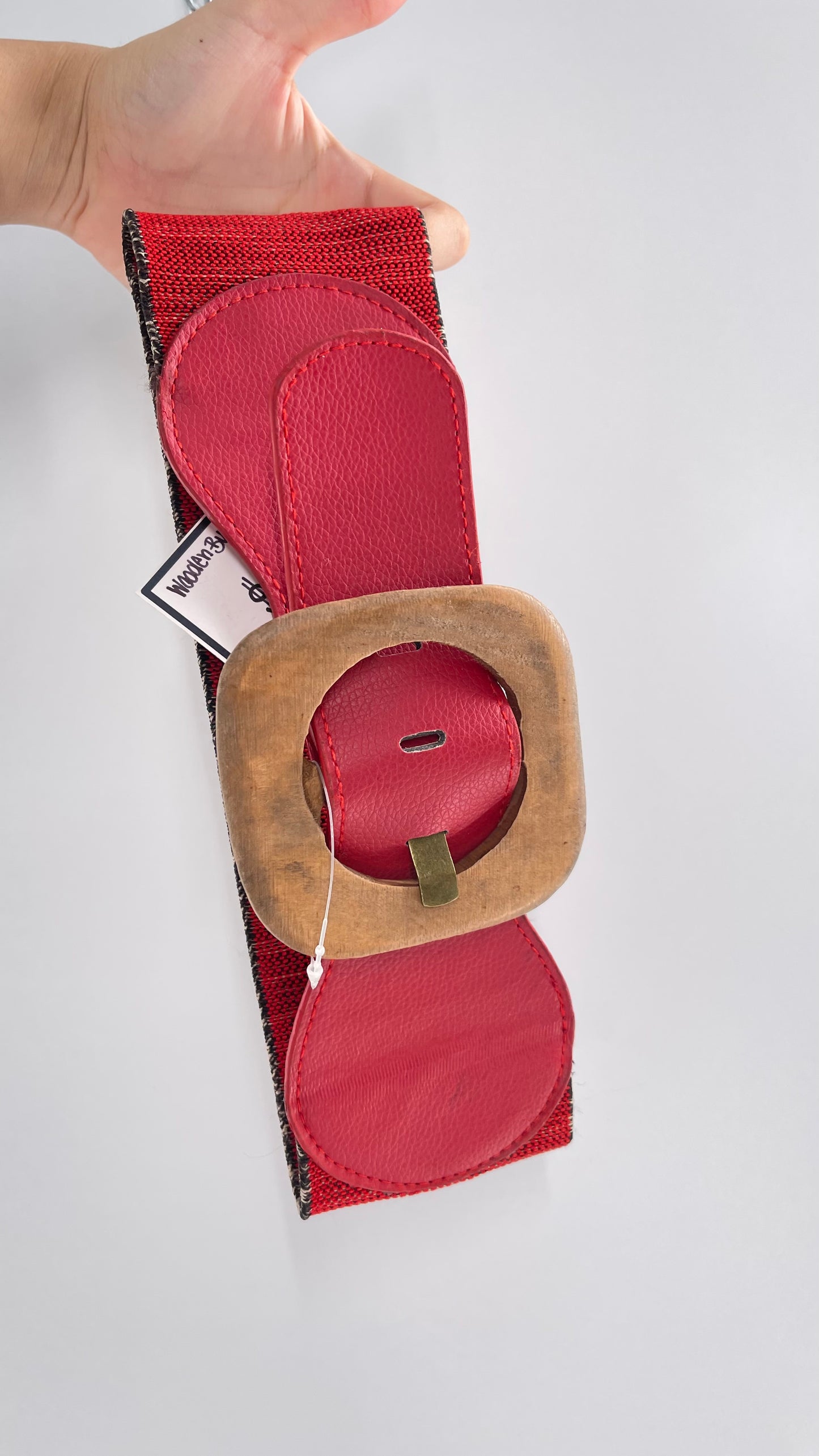 Vintage Red Leather Scrunch/Elastic Wooden Buckle Belt (XS/S)