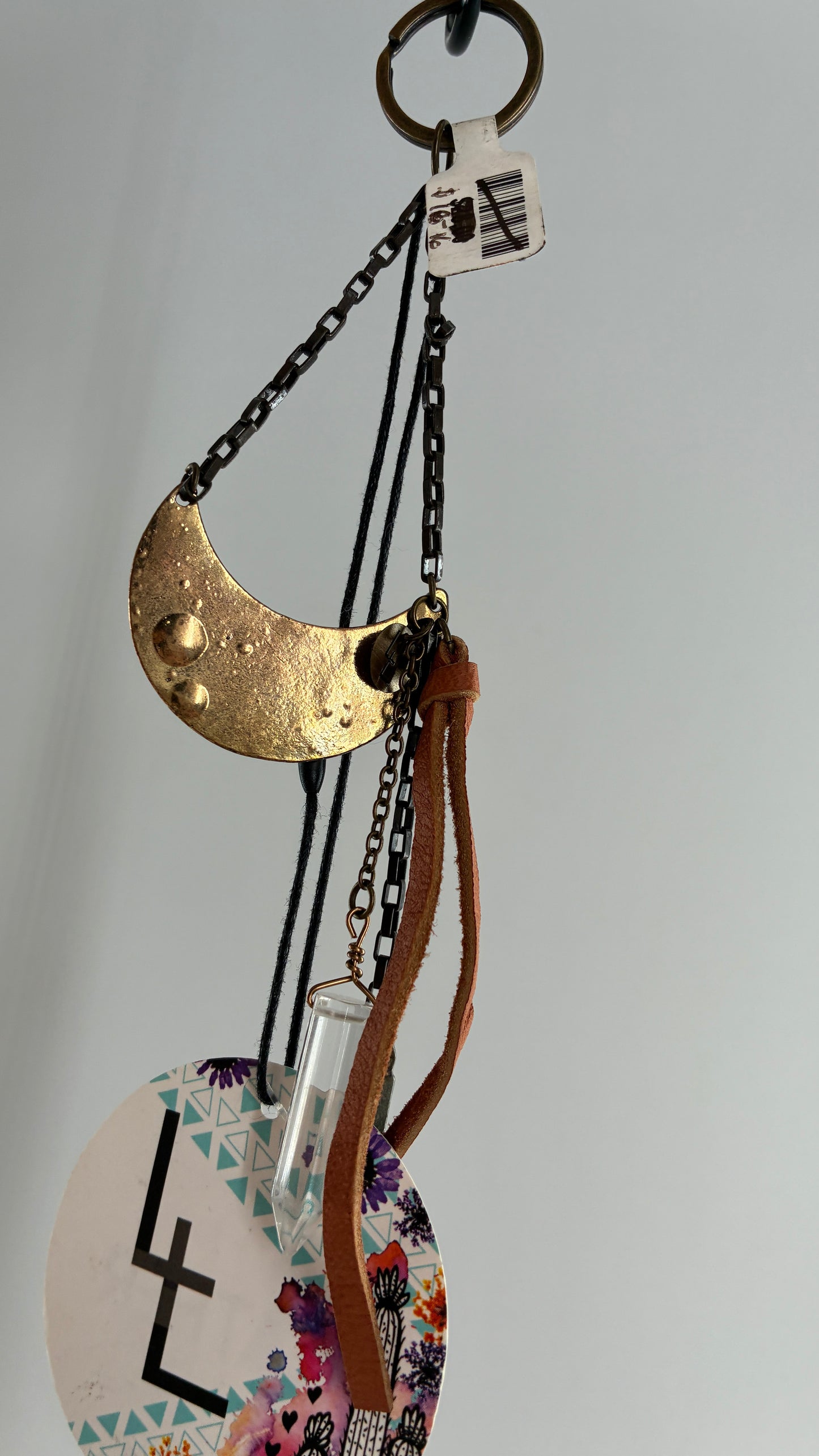 Free People Love and Leather Brass Half Moon, Crystal Dagger Keychain