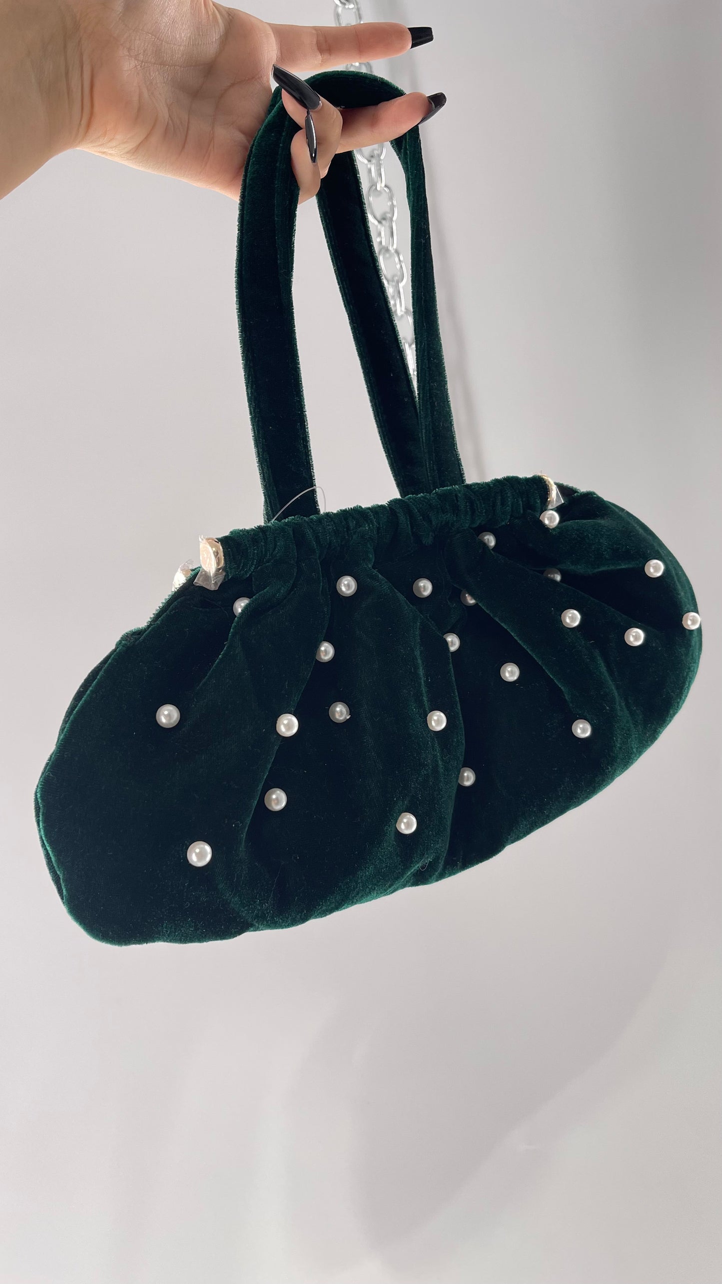 Vintage Deep Green Velvet Purse Covered in Pearls, and Featuring Gold Metal Closure Still Lined in Protective Plastic
