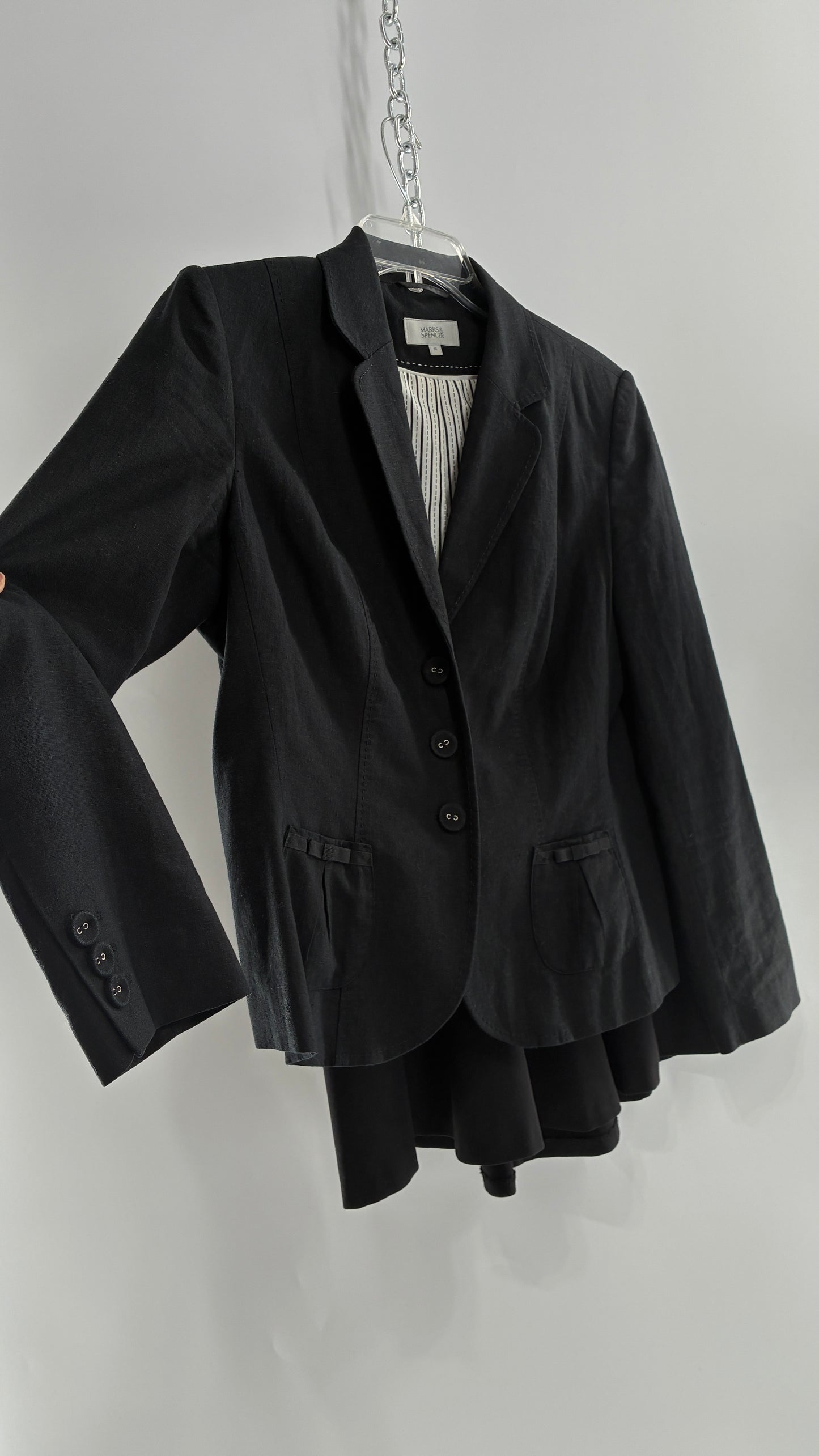 Vintage MARKS & SPENCER Suit Set with Black Linen Blend Blazer and Upcycled Mini Skirt with Corset Backing (14/M)