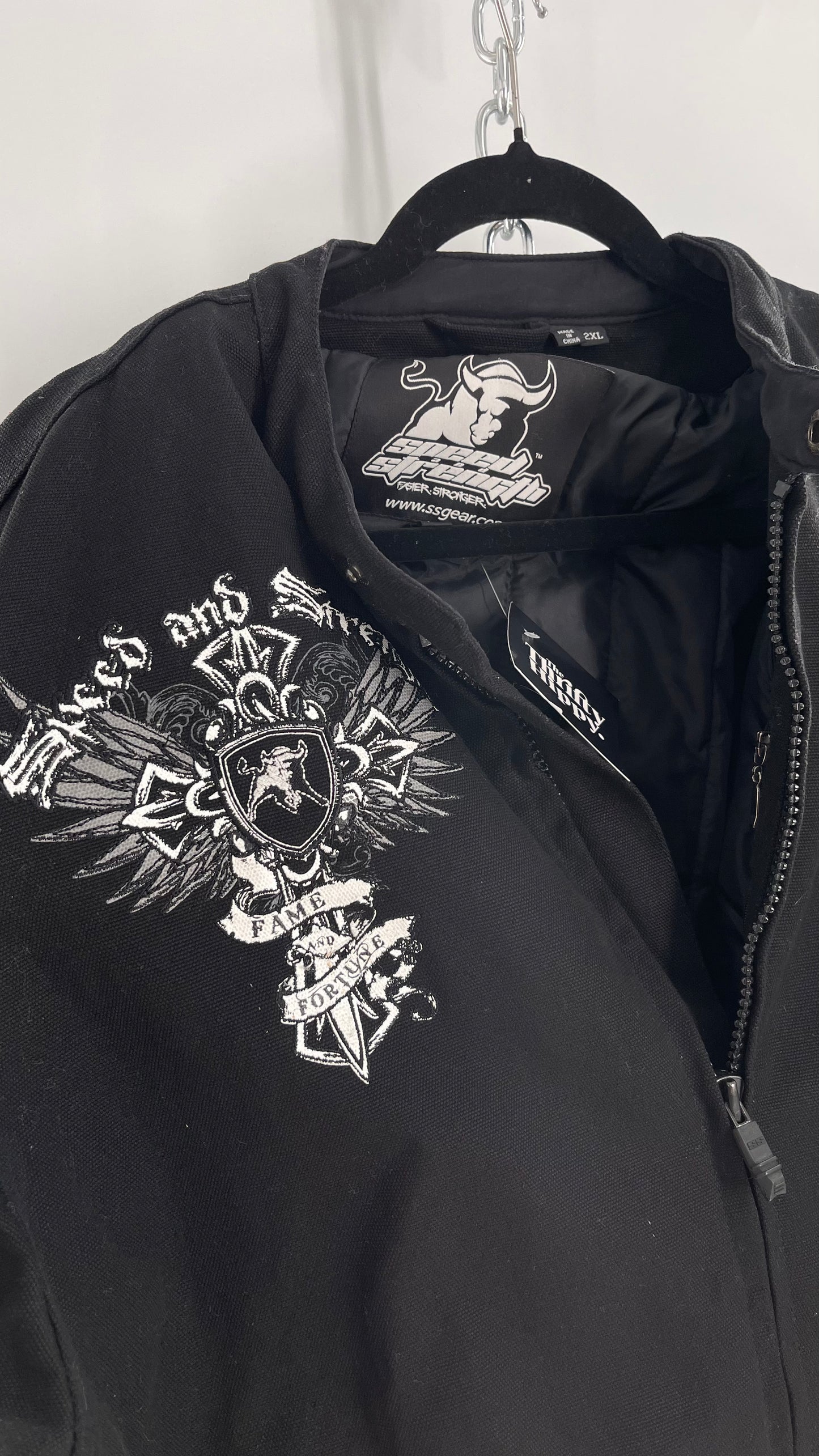 Vintage Speed + Strength Grunge Punk Riding Motorcycle Jacket with Cross Embroidery, Wings, Fame + Fortune, Speed + Strength Men’s Unisex (XXL)