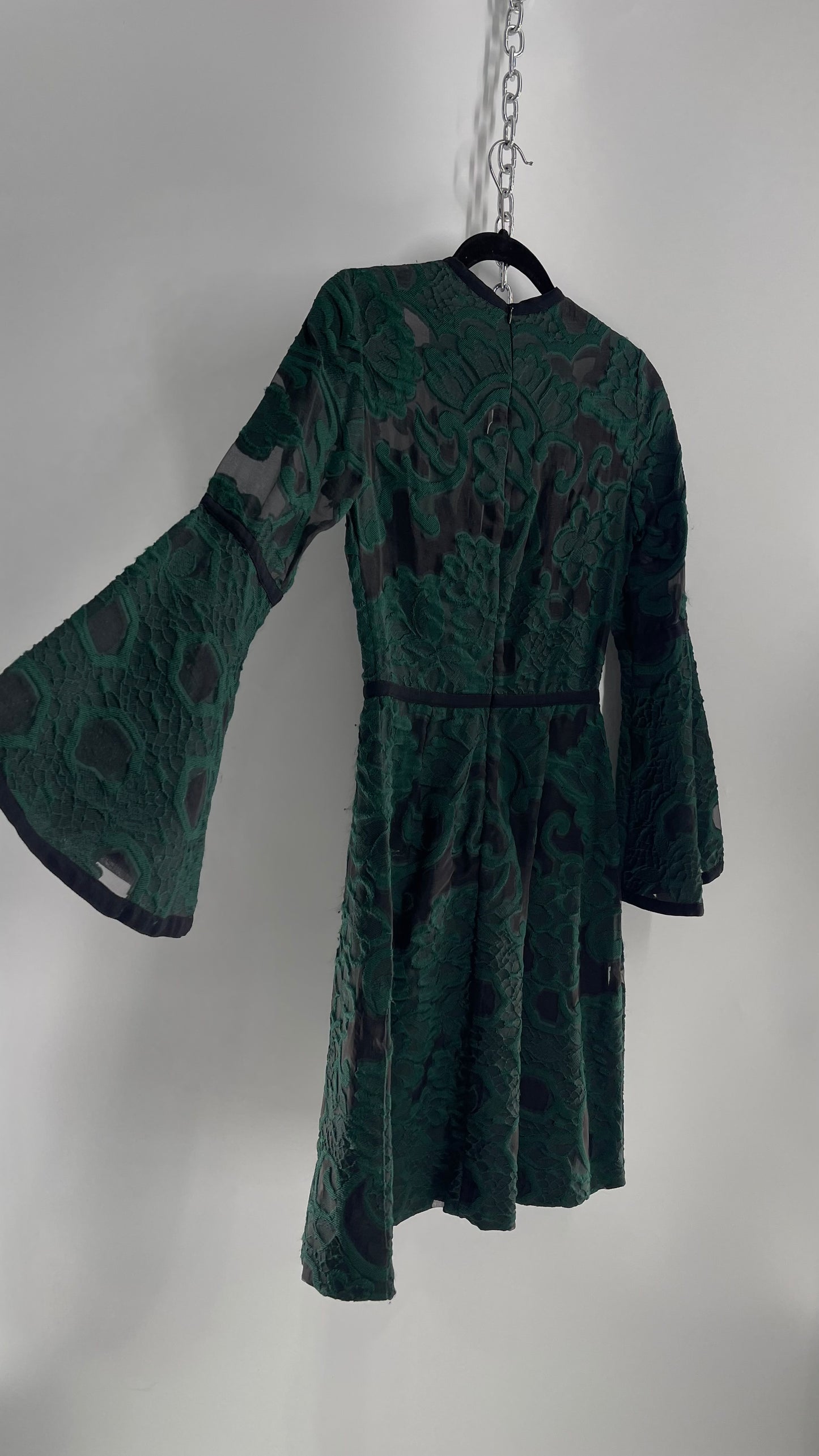 Vintage Ellie Saab Forest Green Lace Dress with Bell Sleeves (36)