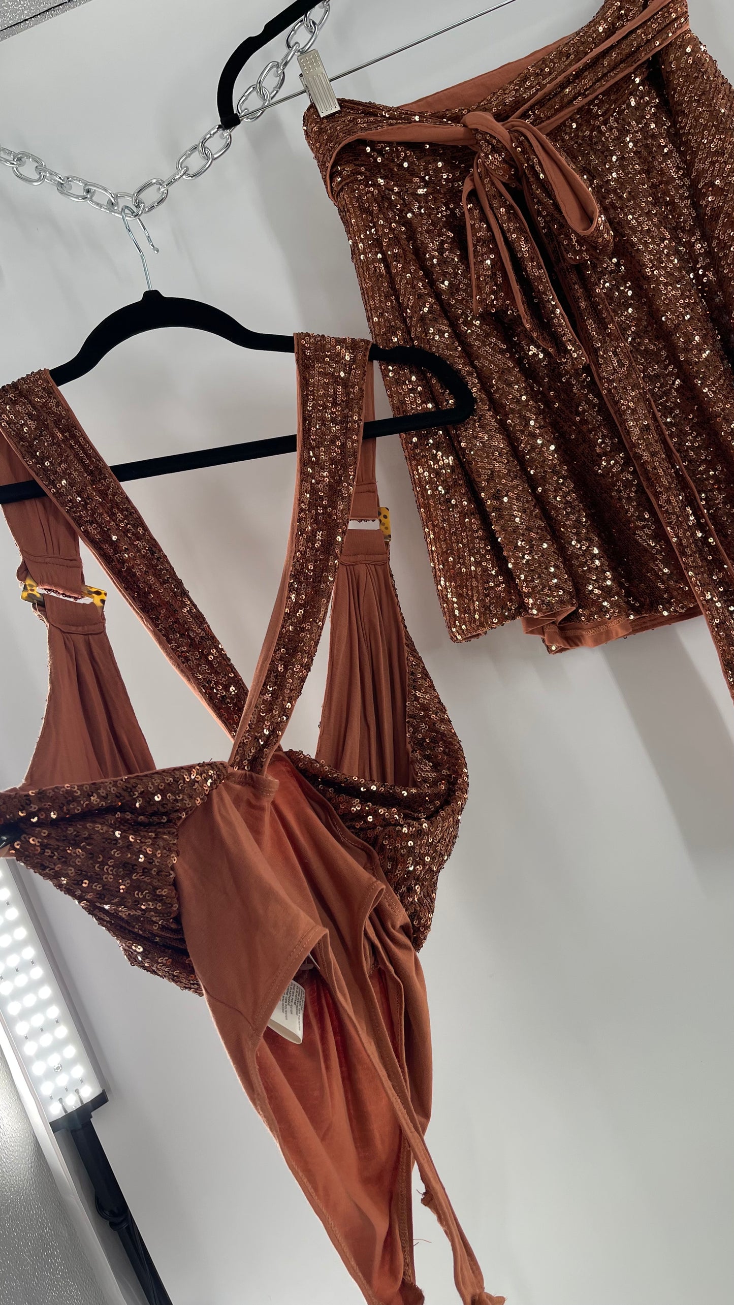 Free People Bronze Sequin 2Piece Set with Wrap Around Skirt and Bodysuit (XS body, S Skirt)