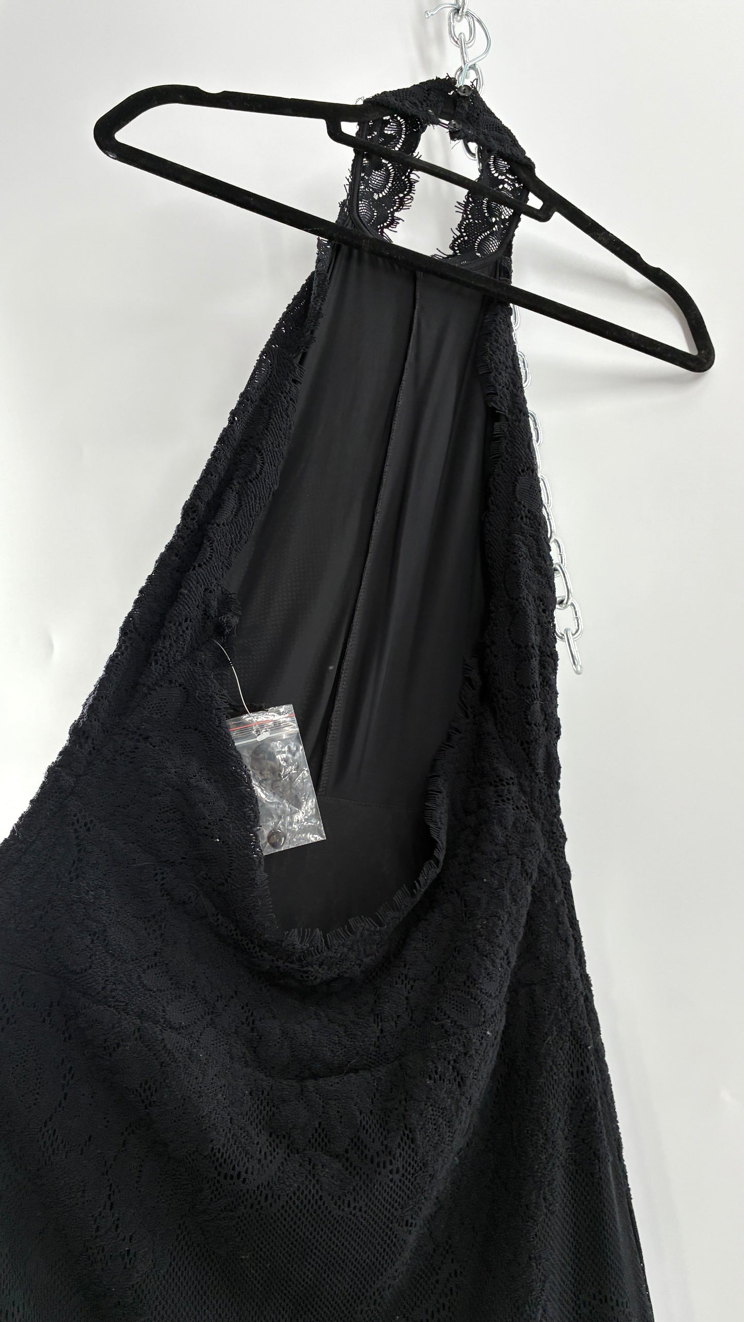 Free People Black Lace Halter Mini Dress with Open Back (Medium)