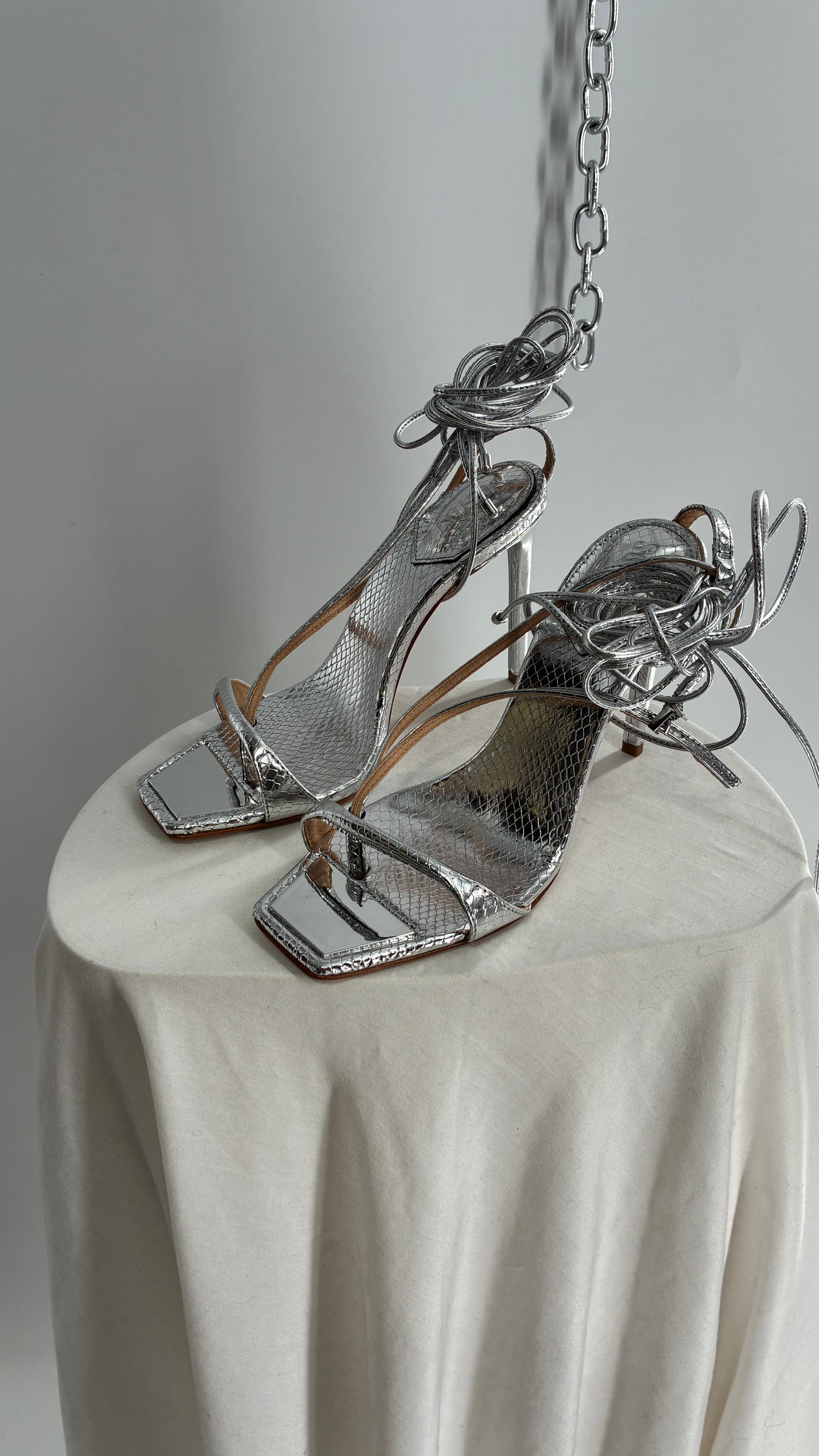 SCHÜTZ Silver Angular Tie Up Heels with Mirror Toe Detail (7)