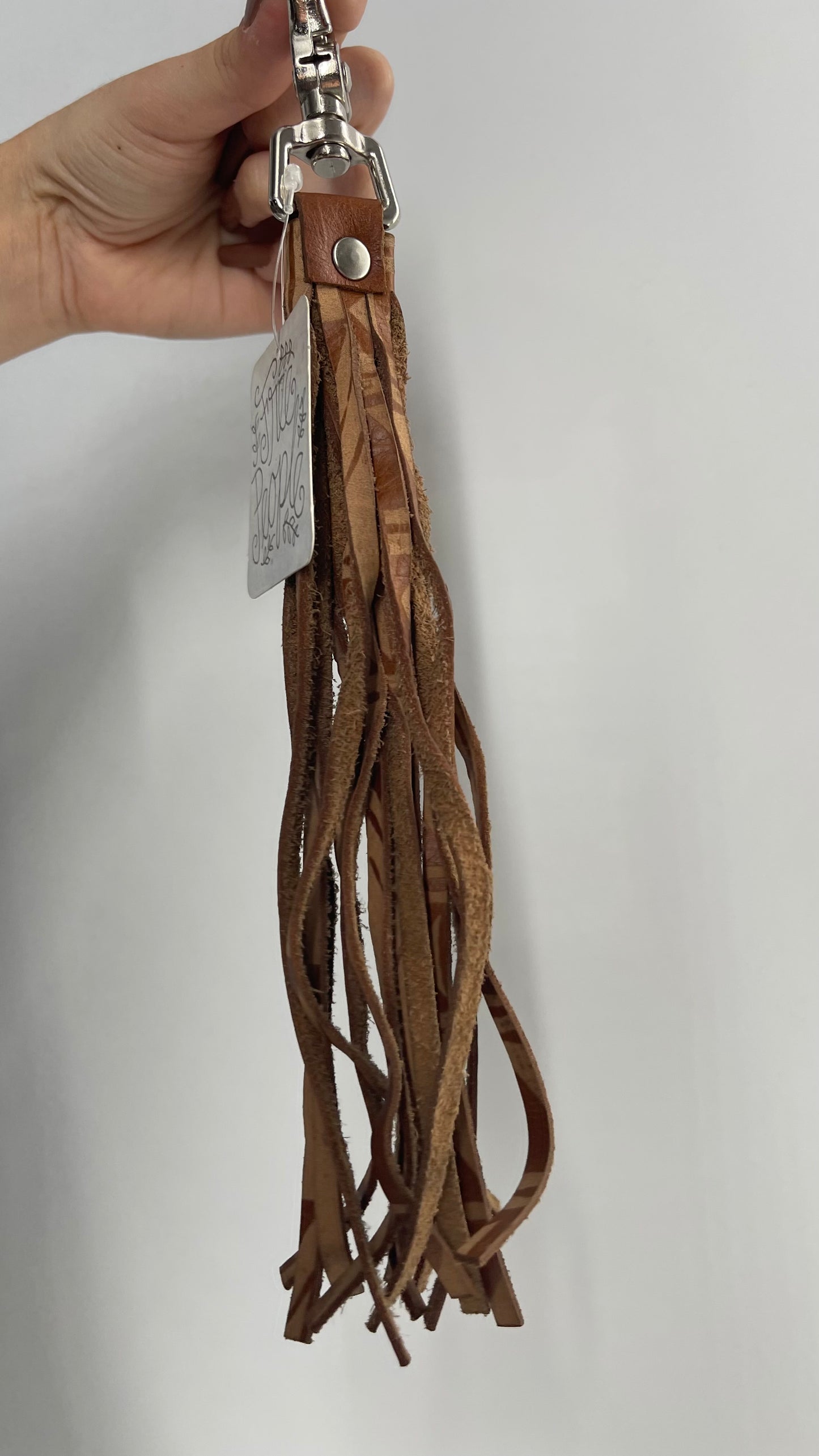 Free People Patterned Leather Tassel Keychain Ring with Tags Attached