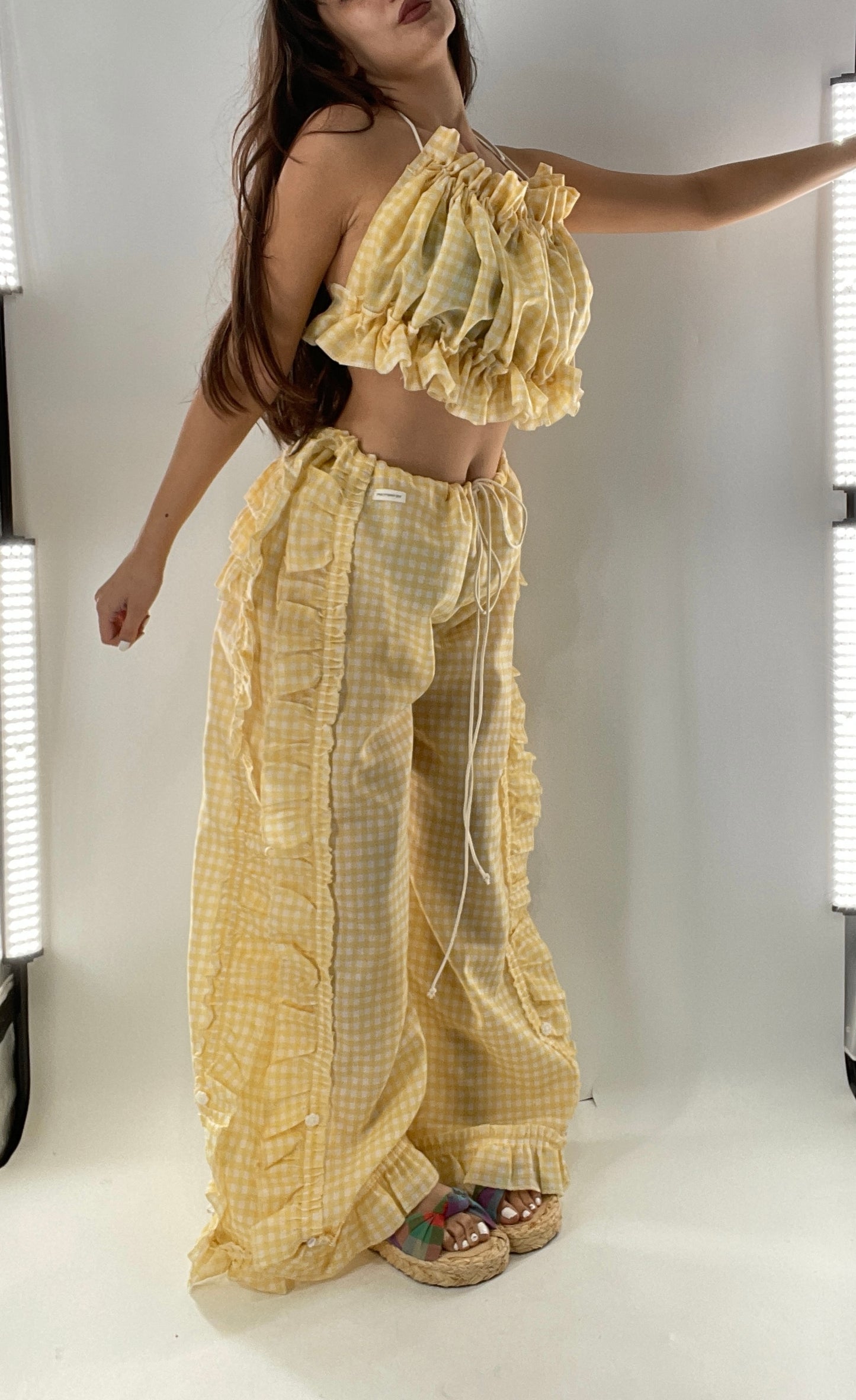 Vintage 2 Piece Yellow Checkered/Gingham Patterned Picnic Set with Ruched Bust Top and Ruffle Side Wide Legs with Adjustable Length, Strap Up Buttons on Hem (One Size)