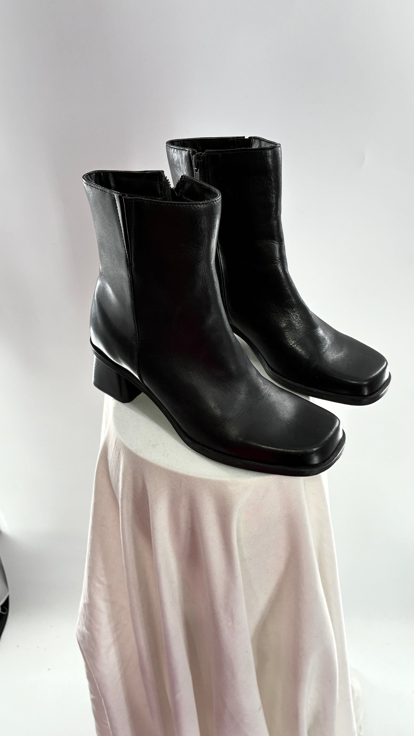 Vintage Naturalizer Black Square Toe Genuine Leather Block Heel Boots Made in Brazil (8)