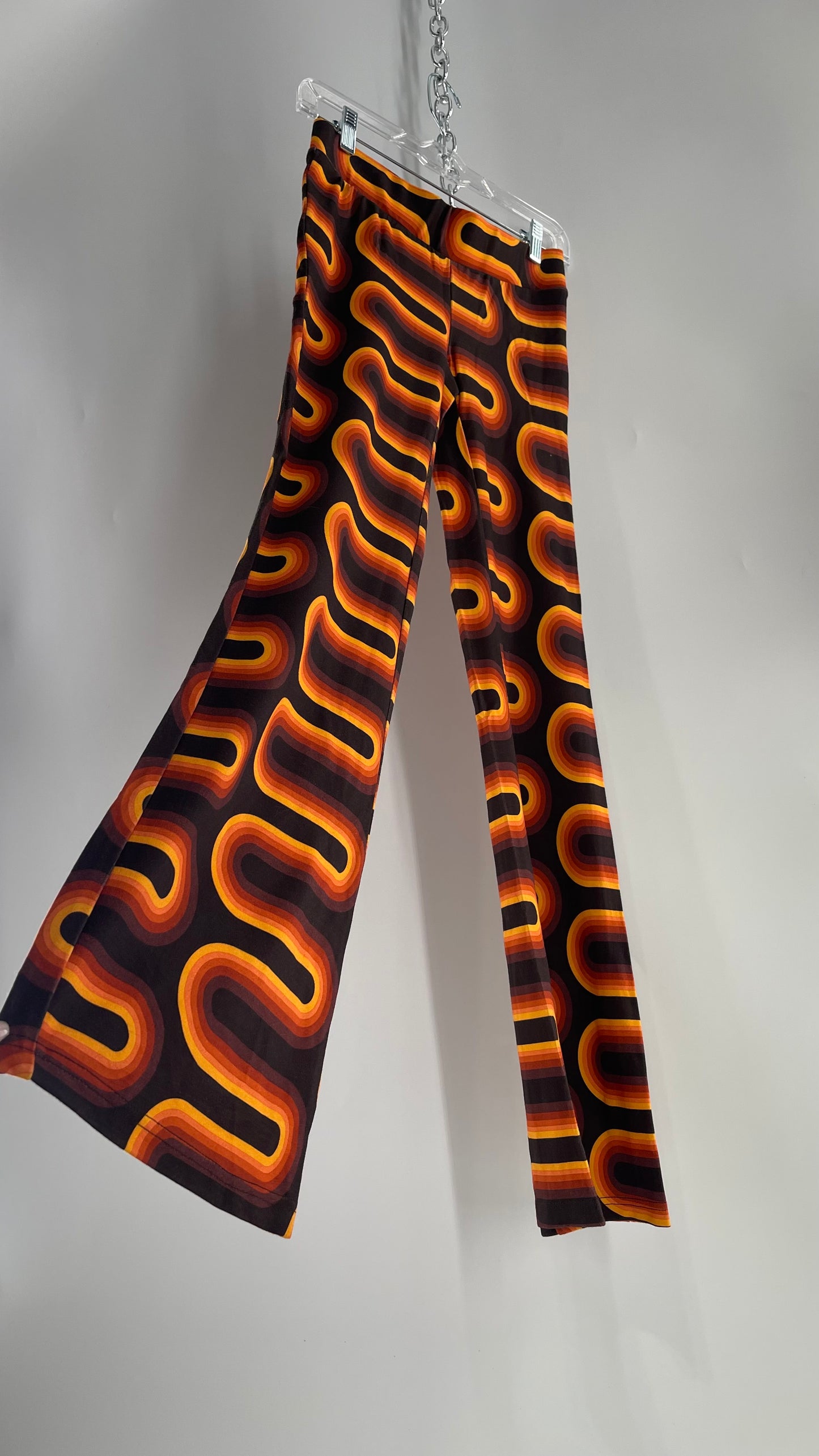 Urban Outfitters Brown Flare Pants with Retro Orange Arch Pattern (XS)