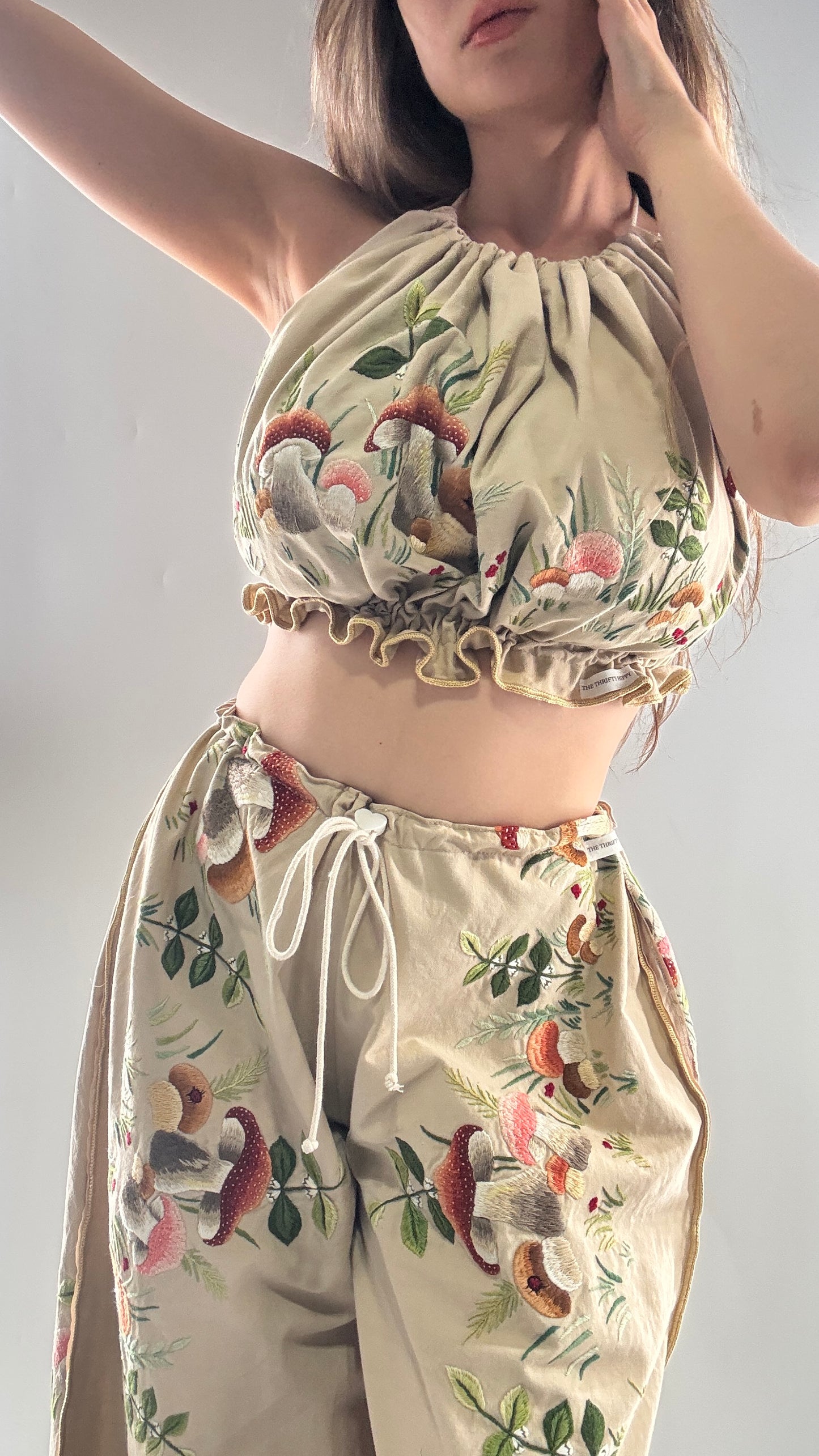 Vintage Custom Handmade and Hand Embroidered Two Piece Set with Mushrooms, Vines, and Ladybugs (XS-L)