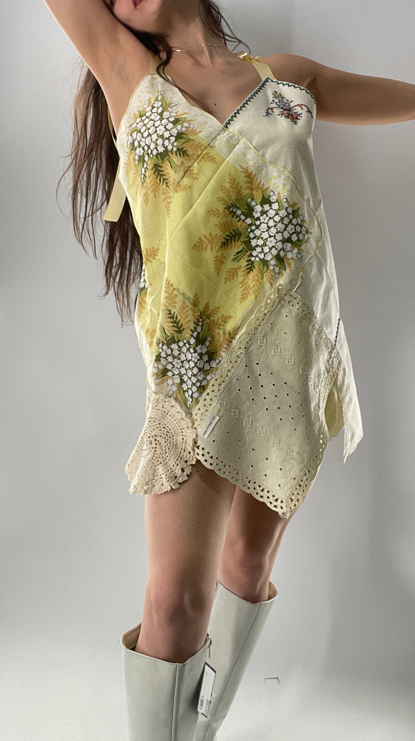 Vintage Handmade Handkerchief Mini Dress with Adjustable Ribbon Straps (XS-L)