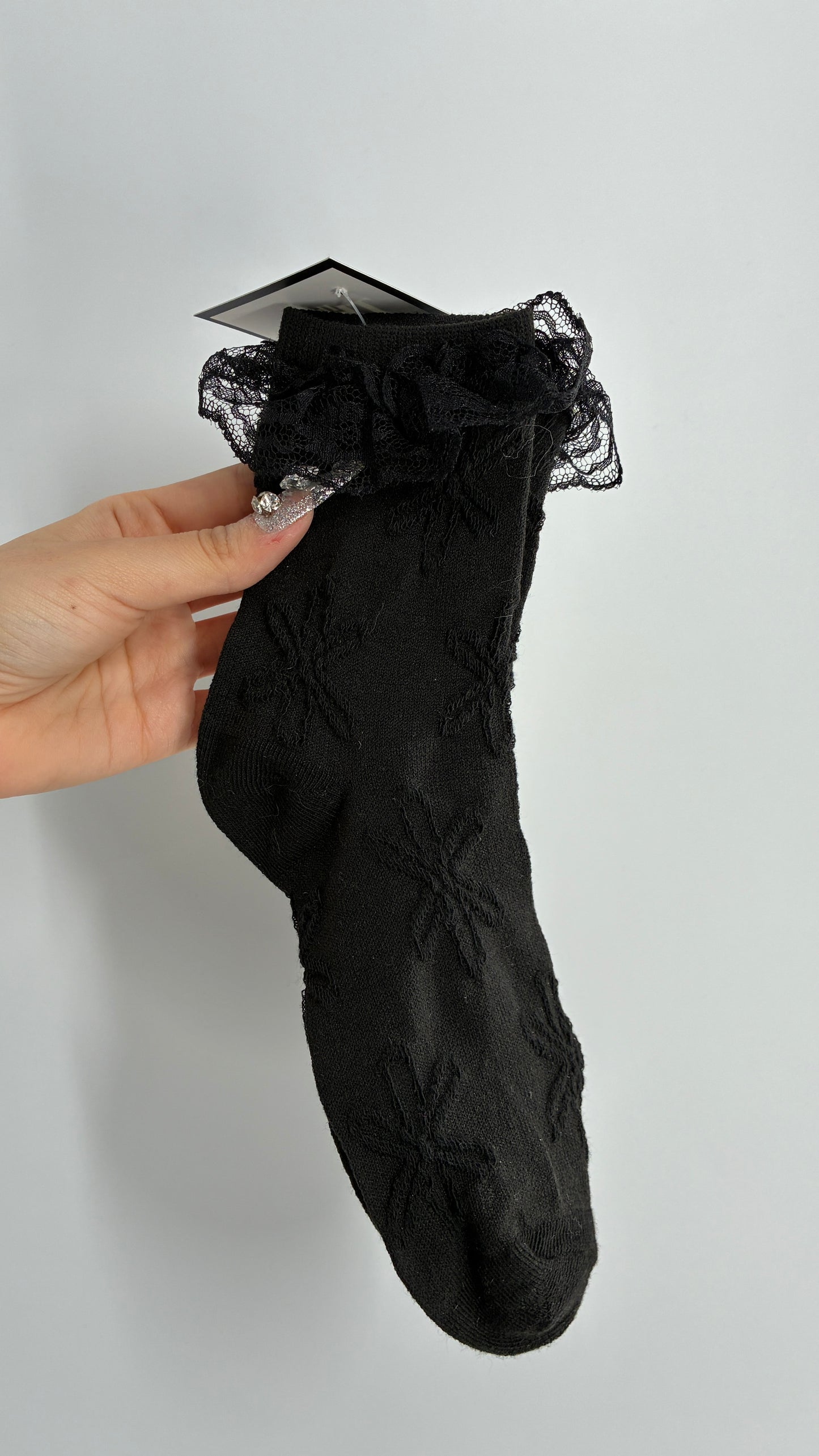 NWOT Black Floral Textured and Patterned Ruffle Cuff Sock
