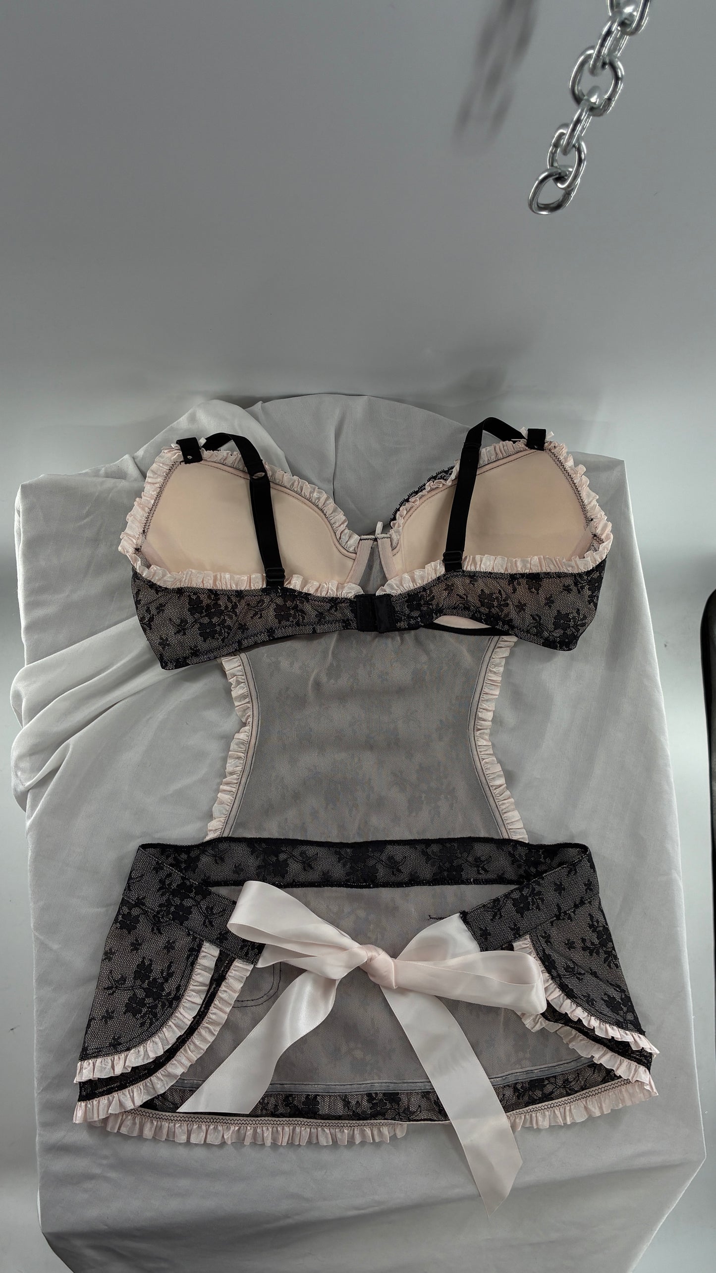 Victoria’s Secret Black Lace Apron Style Camisole Lingerie with Bow Back Ribbon (36D)