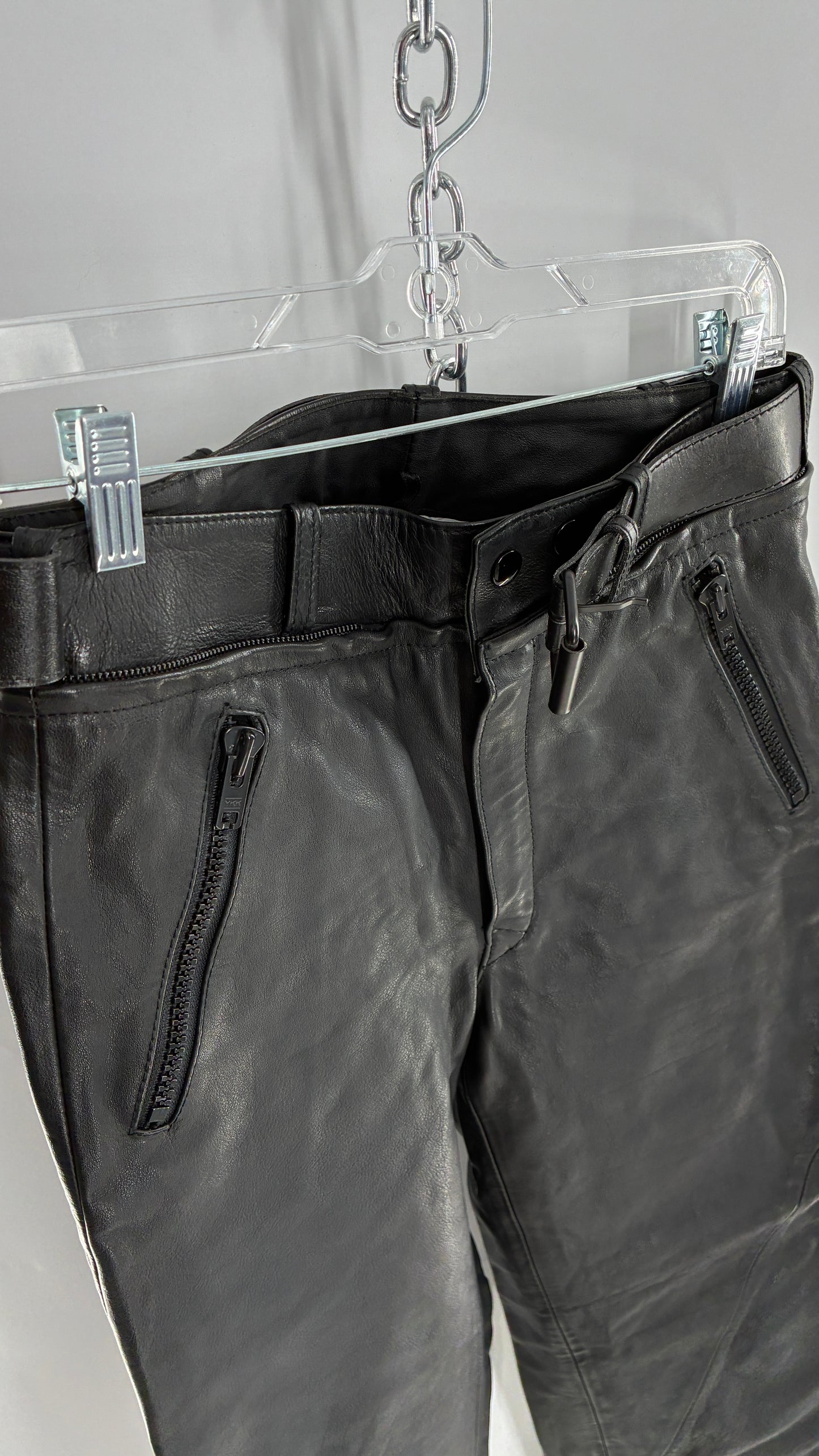 Vintage Black Italian Leather Motorcycyle Pants with Built In Belt and Zipper Detailing (XS)