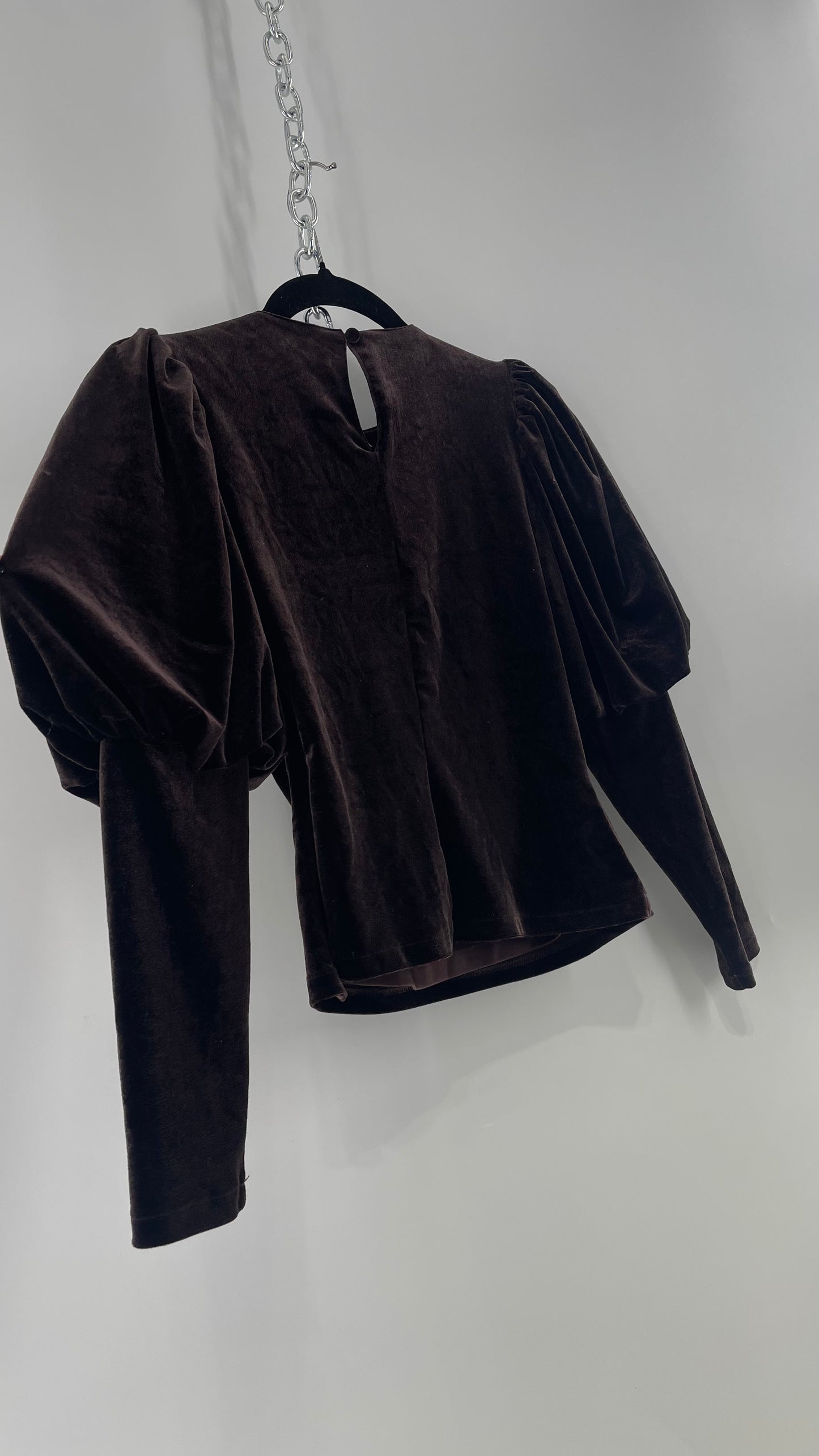 Anthropologie Sundays in Brooklyn Dark Brown Puff Shoulder, High Neck, Juliette Sleeve Blouse (XXSP)