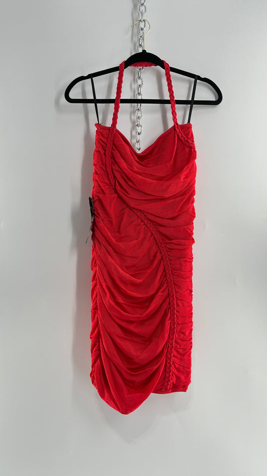 Deadstock Vintage BEBE Red Heavy/Thick Ruched and Roped Mini Dress (Medium)