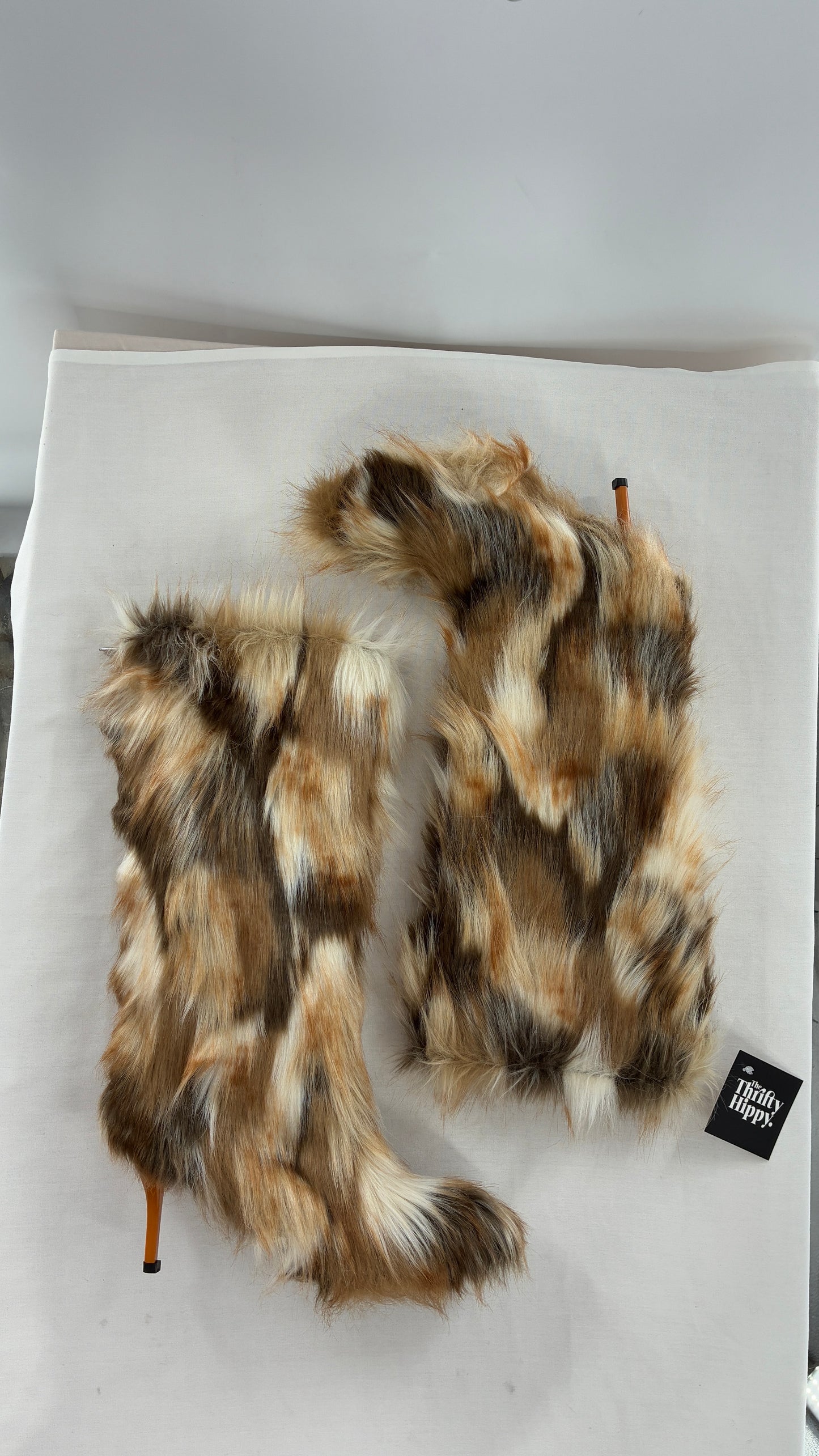 Vintage Mixed Tone Vegan Fur, Knee High, Pointed Toe Boots (43)