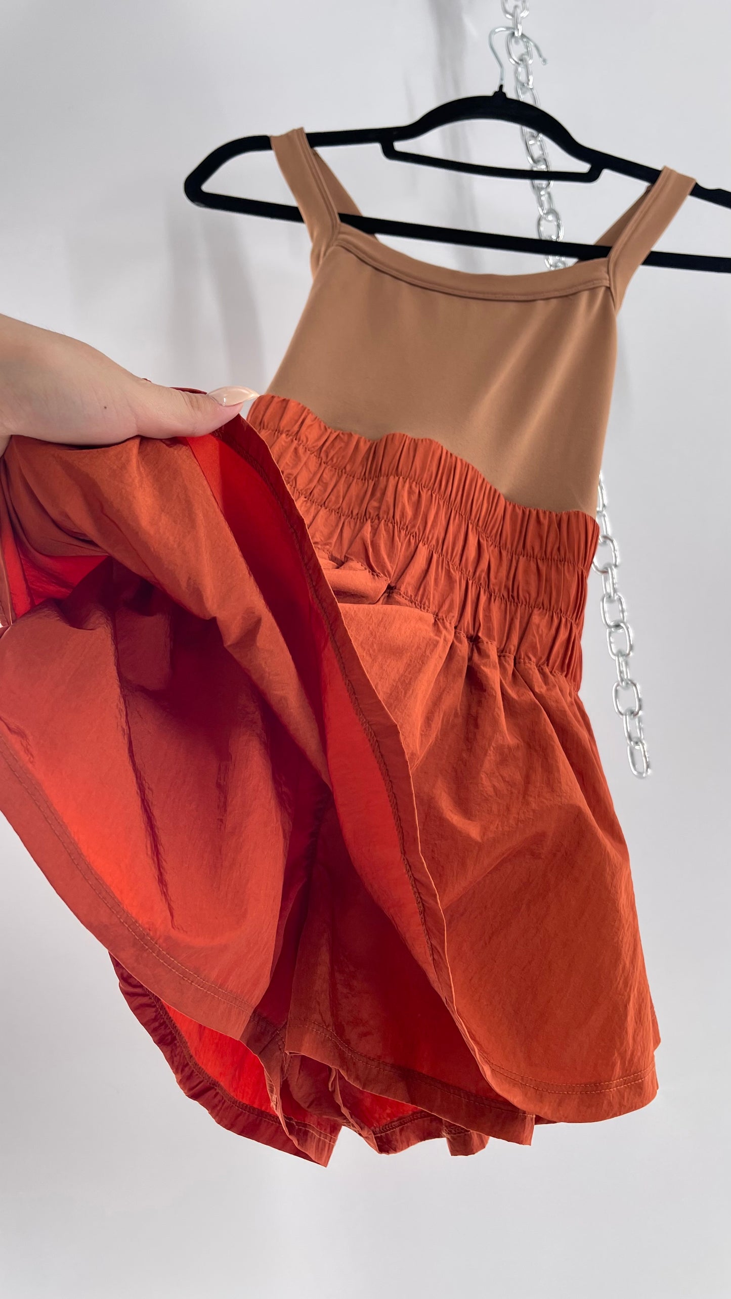 Free People Movement Tan Jumpsuit with Burnt Orange Parachute Shorts (XS)