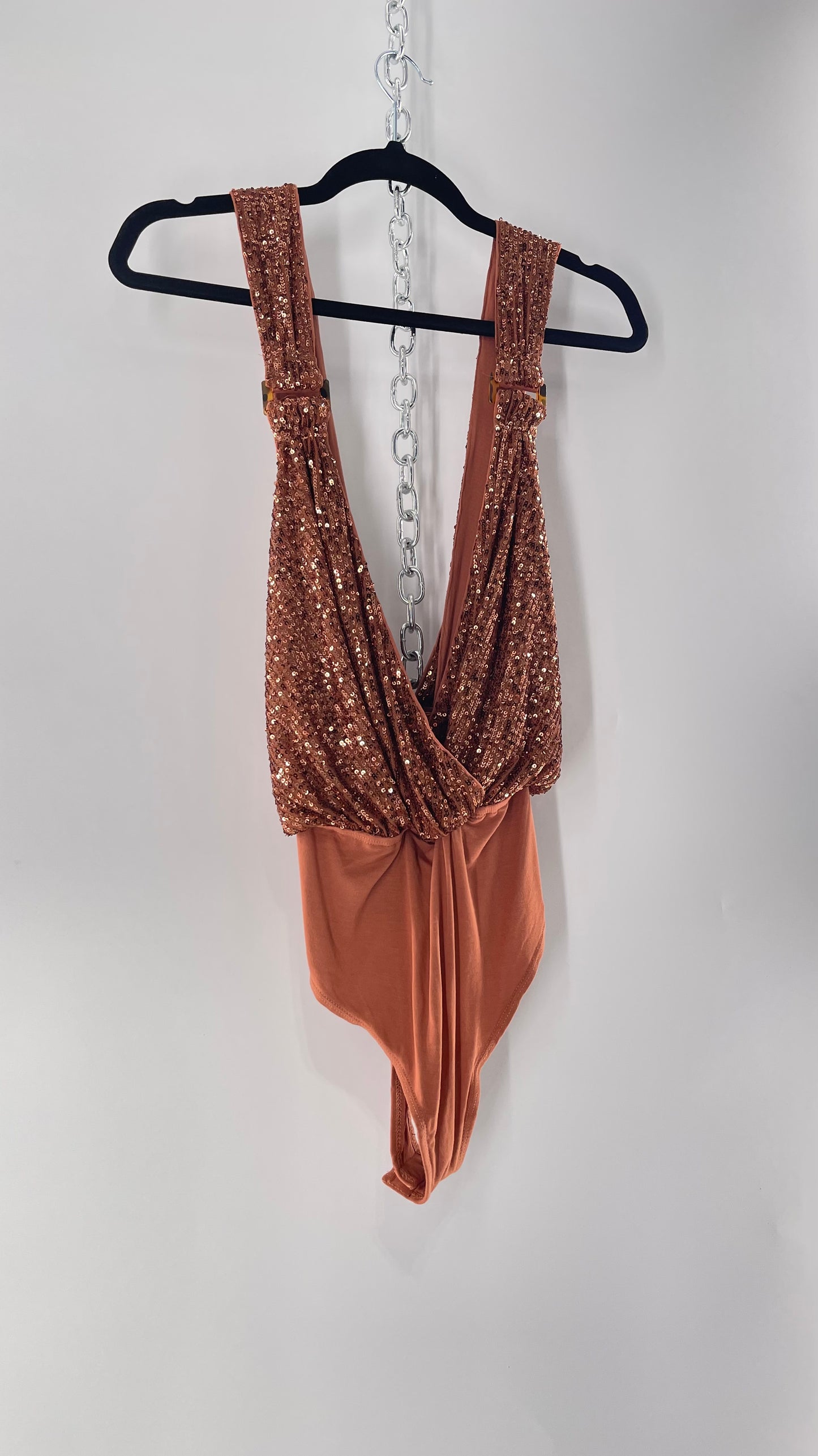 Free People Copper Sequin Draping Bodysuit with Tortoise Shell Buckle Detail (Medium)