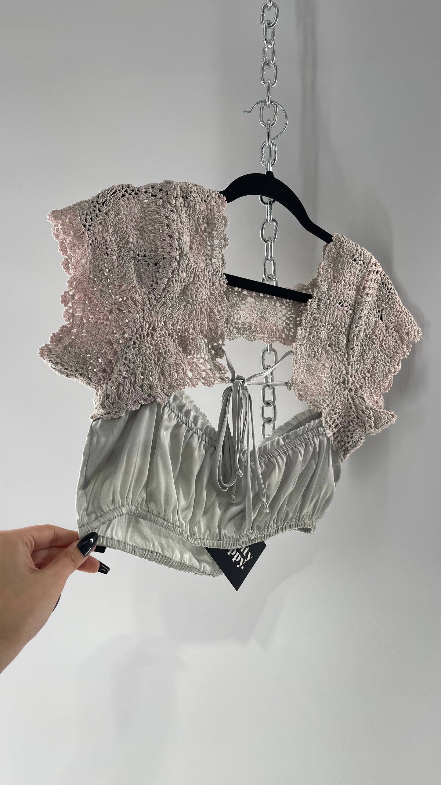 Intimately Free People Silver Satin Cropped Bustier with Crochet Shrug High Neckline (Large)