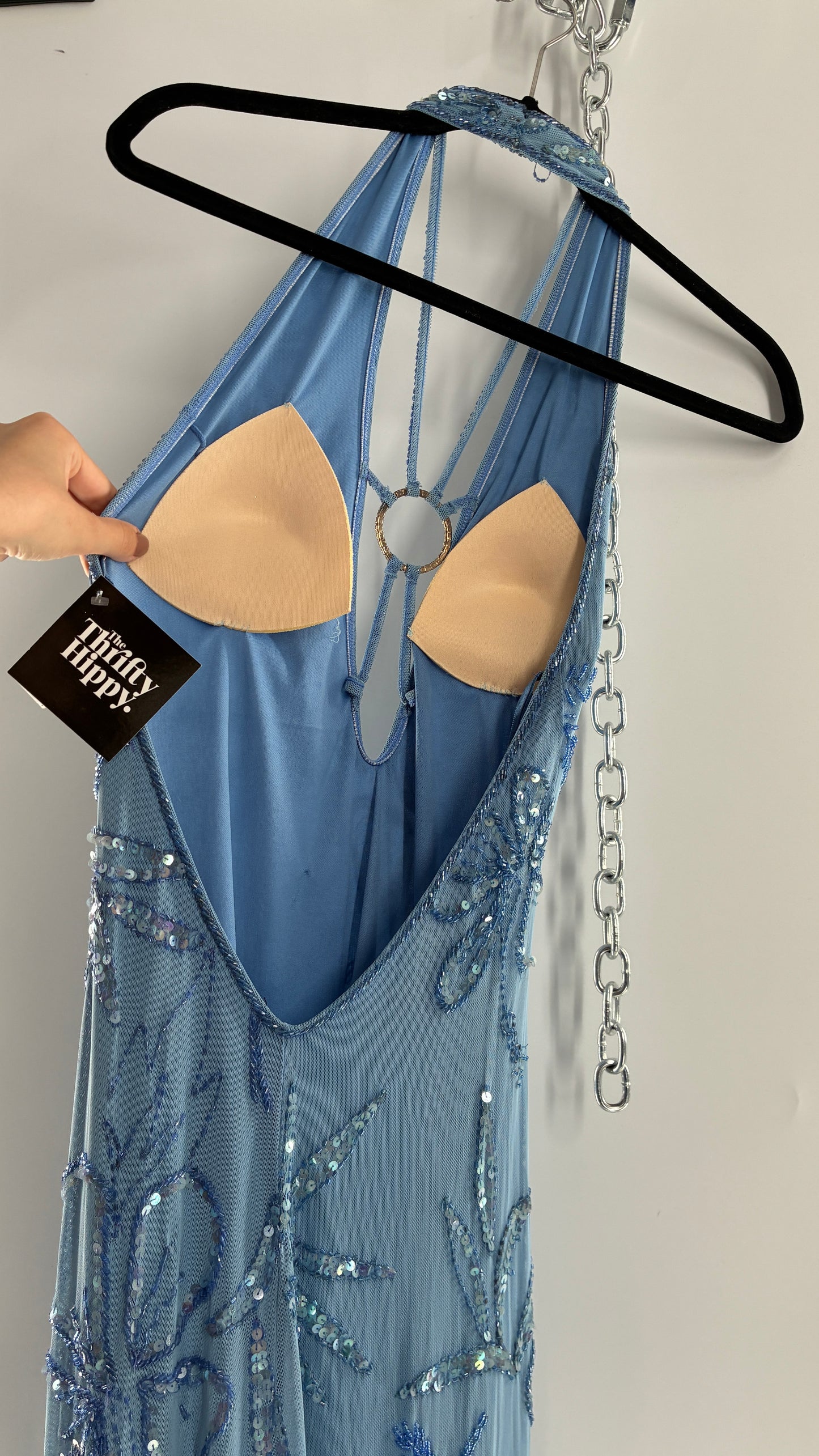 Vintage 1990s Powder Blue Gown Covered in Beaded Appliqué Tropical Designs with Strappy Bust and Low, Open Back (S/M, stretchy no size marked)