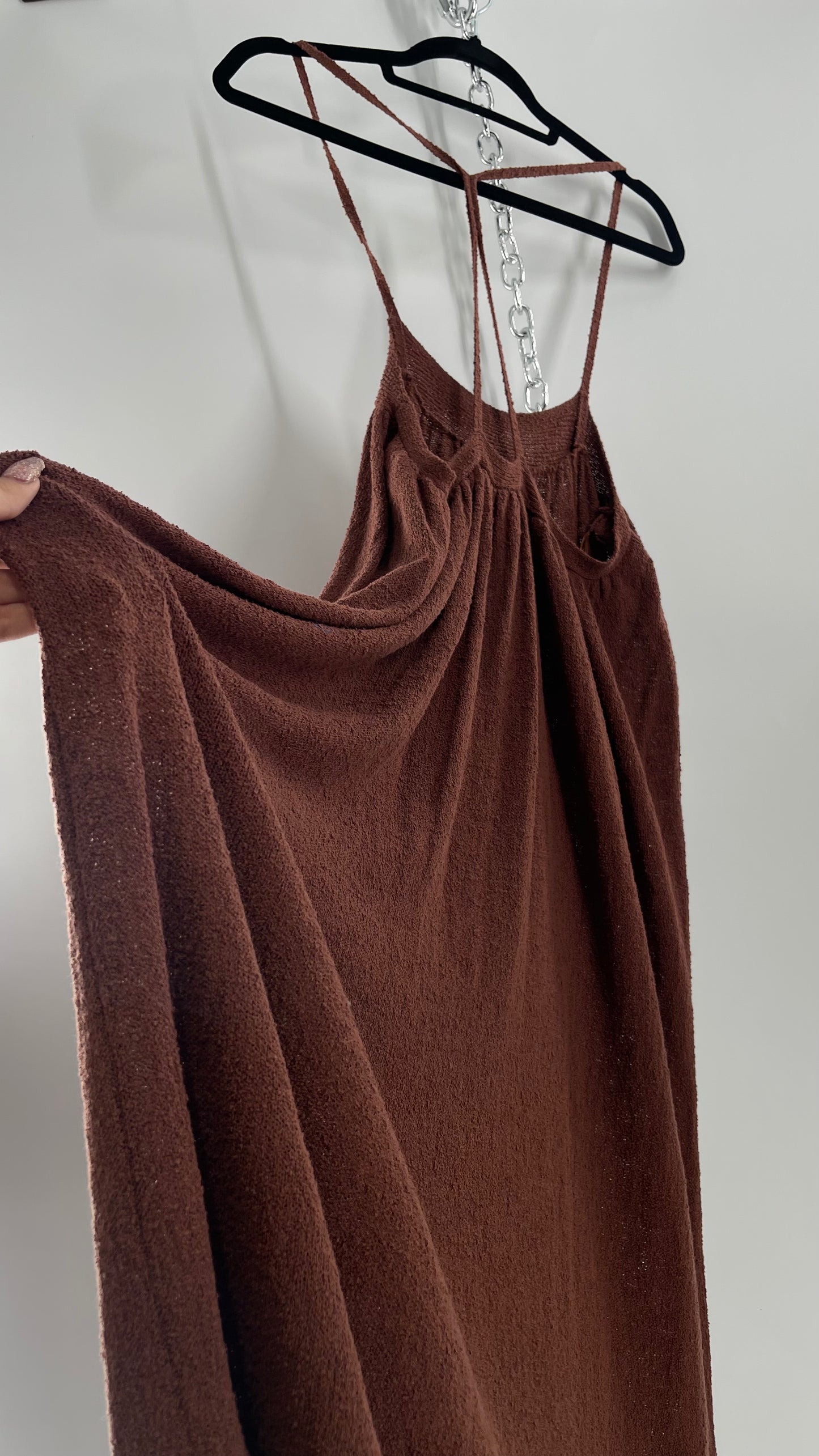 Free People Slinky Textured Brown Knit Full Length Dress (Small)