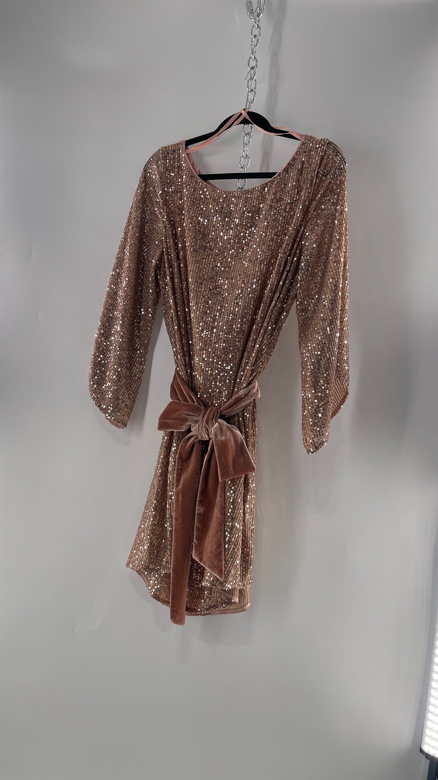 Anthropologie Rose Gold Sequin Dress with Velvet Waist Belt and Tags Attached (XL)