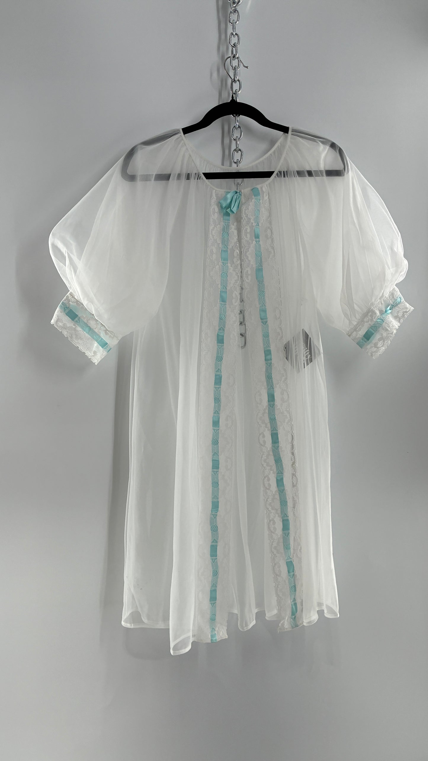 Vintage White Tulle Dress Cape with Oversized Puff Sleeves, Lined with Lace and Baby Blue Ribbon Trim (Medium)