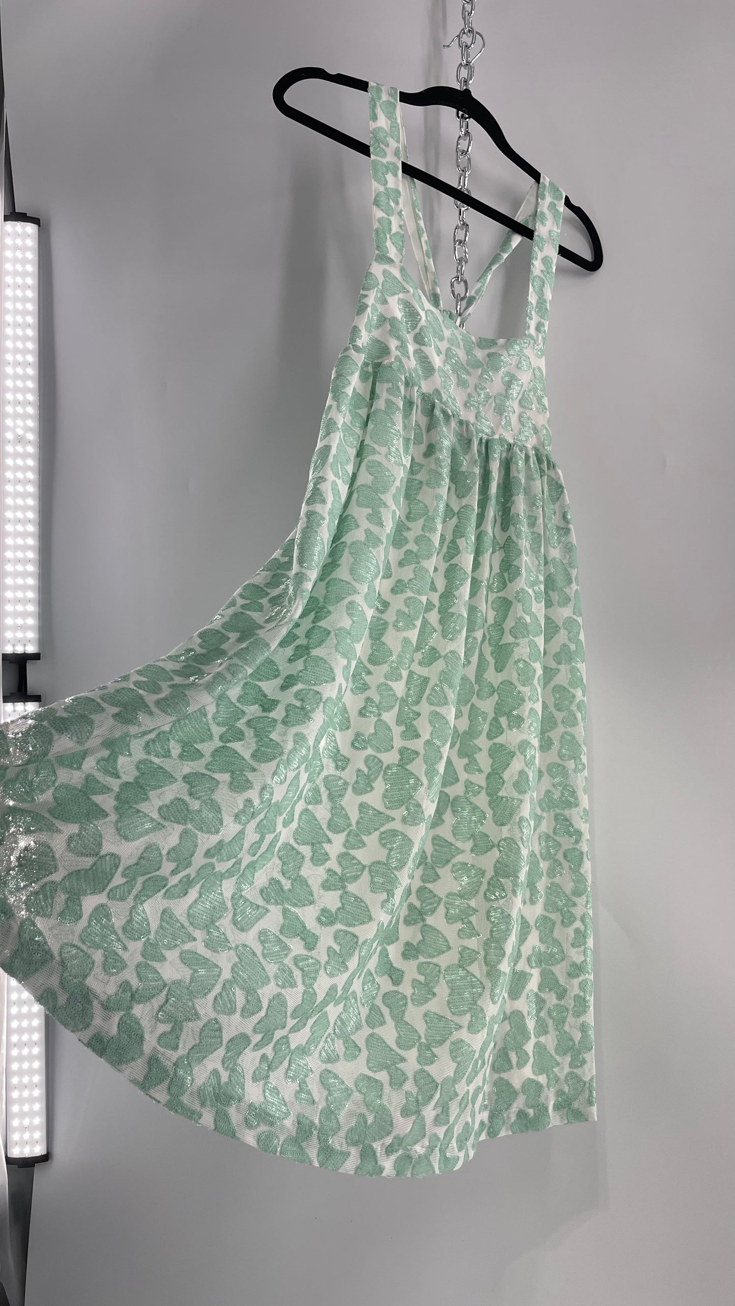 Kimchi Blue Babydoll Dress Covered in Sequin Teal/Mint Hearts (Medium)